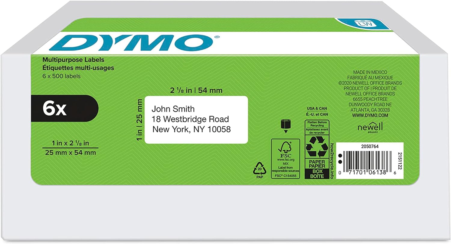 DYMO Authentic LW Multi-Purpose Labels for LabelWriter Label Printers, White, 1" x 2-1/8", 6 rolls of 500 (3000 Total)