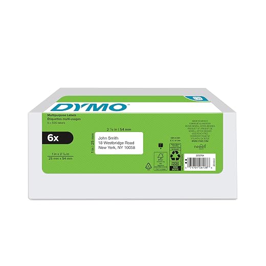 DYMO Authentic LabelWriter Multi-Purpose Labels for LabelWriter Label Printers, White, 1'' x 2-1/8'' (30336), 6 Rolls of 500
