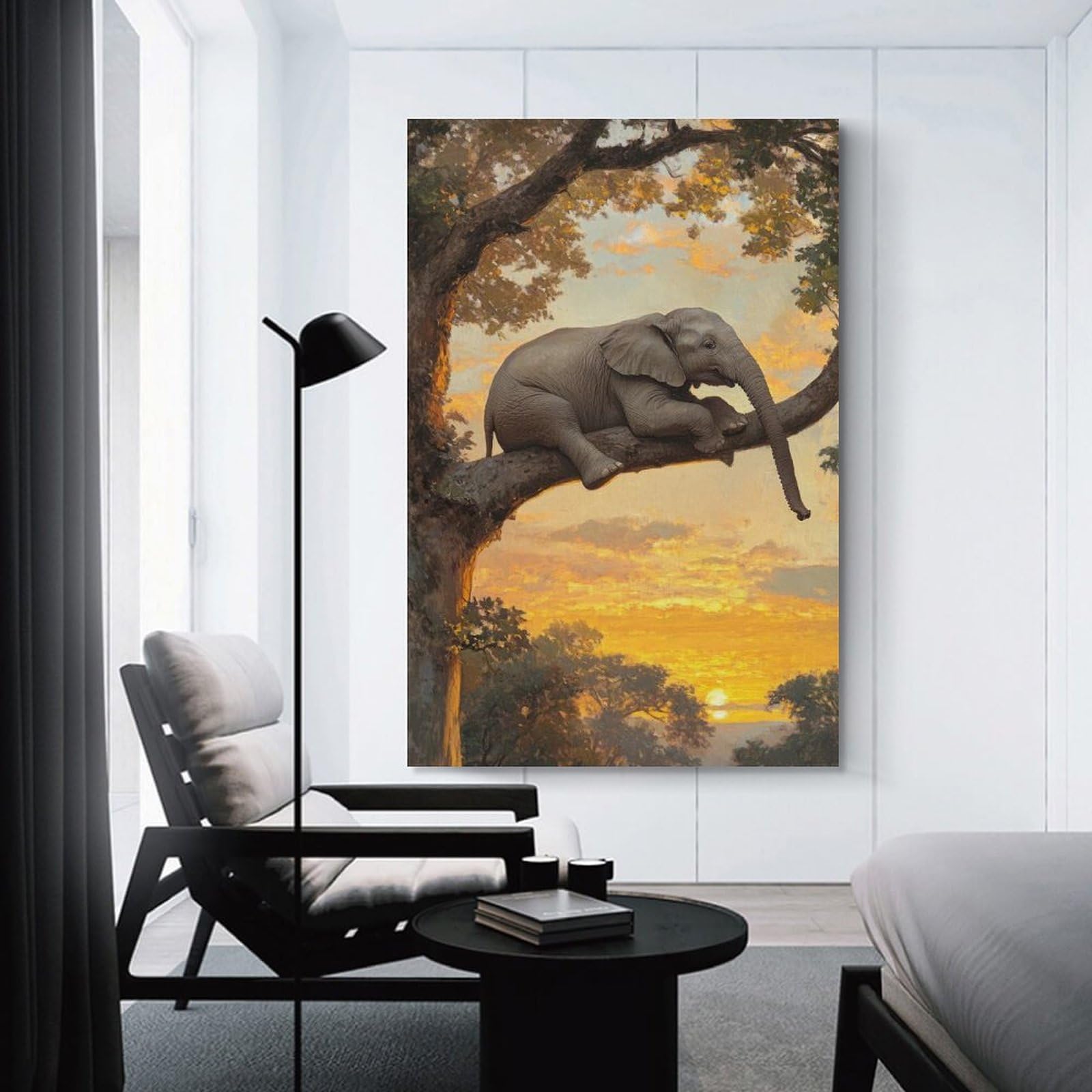 Junmoney Unframe-Style-12 Elephant In Tree At Sunset Home Decor Wall Art 08X12inch(20X30cm), For Lounge, Study, Hallway Or Flat Walls, Stylish Home Artwork For Focal Walls