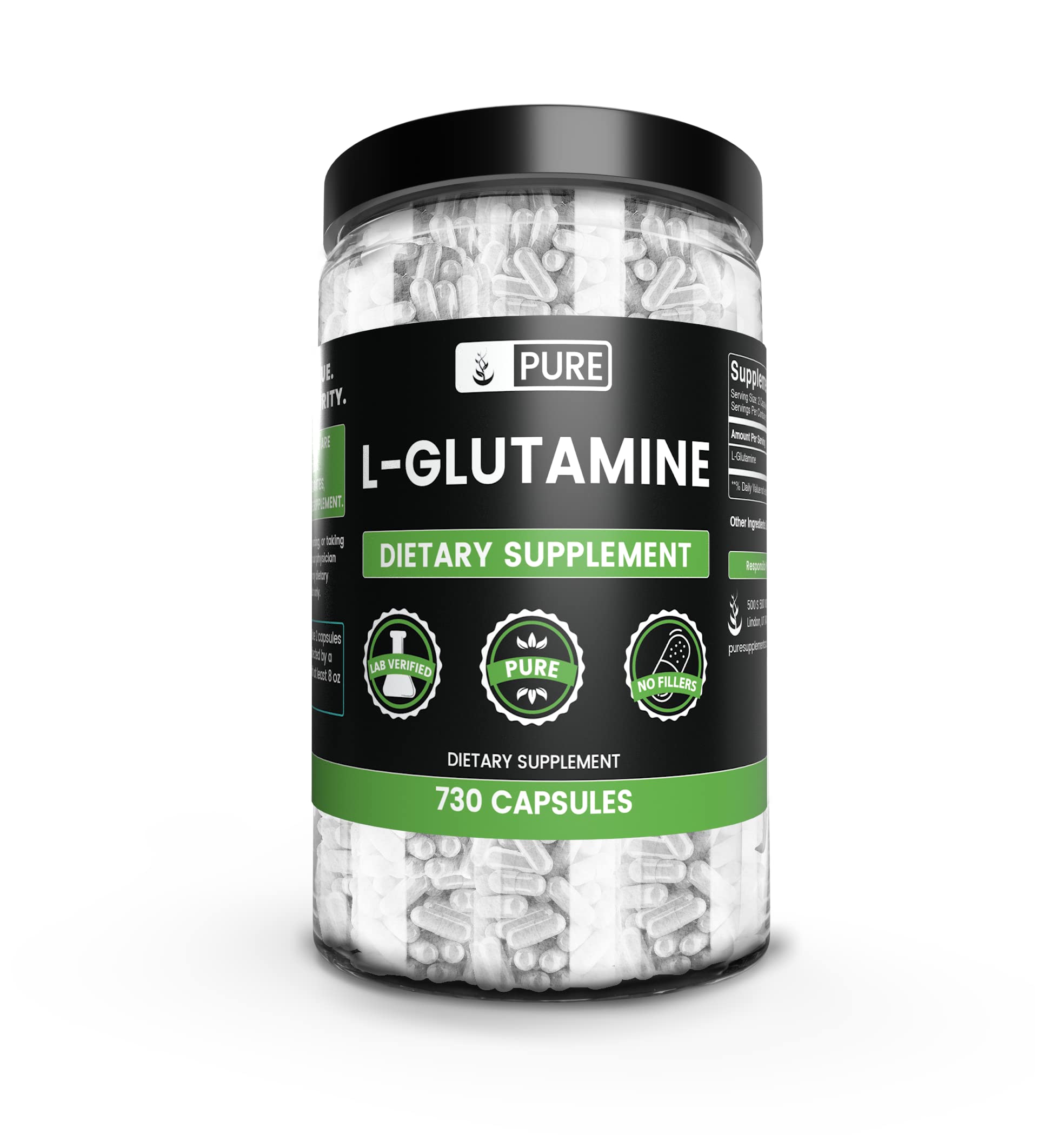 Pure Original Ingredients L-Glutamine (730 Capsules) No Magnesium Or Rice Fillers, Always Pure, Lab Verified