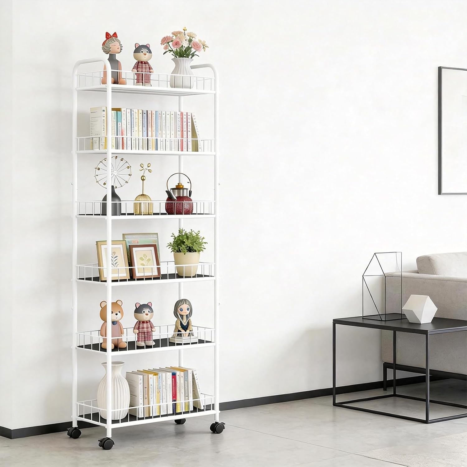 10in Slim Storage Cart, 6-Tier Narrow Rolling Shelf，Sturdy Slim Storage Ideal for Kitchen, Bathroom, and Laundry Room, Black (10in White)