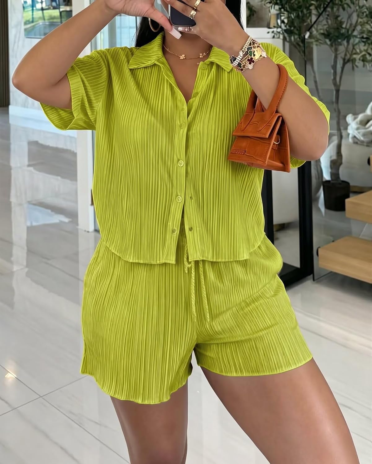 ENOPINK 2 Piece Outfits for Women Summer Button Down Shirt and Casual Shorts Sets Short Sleeve Pleated Matching Set