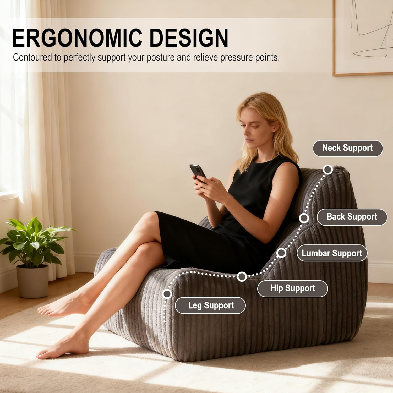 Bean Bag Chairs for Adults, Giant Bean Bag Chair, Memory Foam Lounge Chair, Comfy Lazy Floor Chair, Bean Bag Sofa for Living Room, Bedroom and Office, Single Bean Bag (Grey) - Image 6