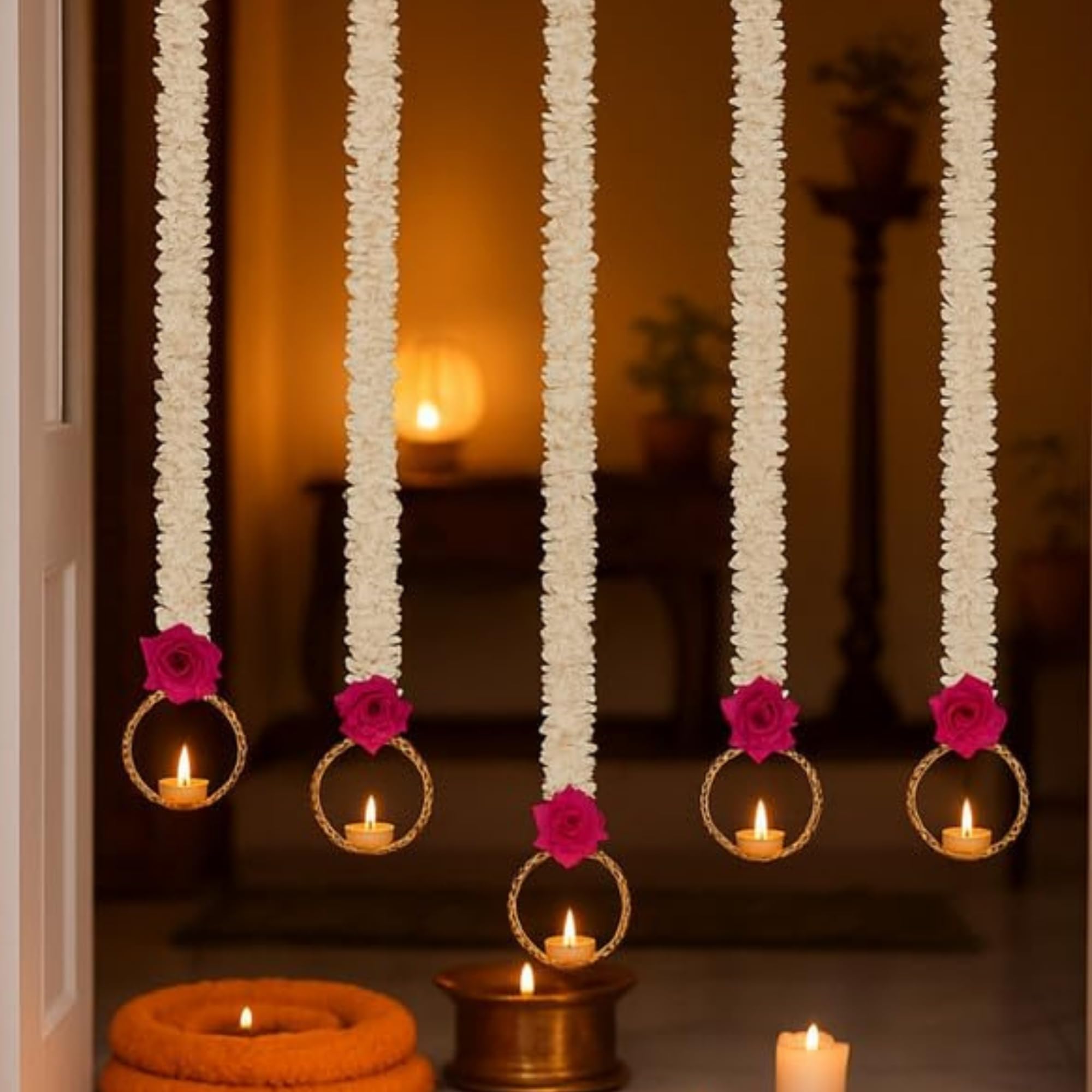 Set of 4 Handmade Wall Hangings for Home Decoration | Diwali Lights with Pink Rose | Door Valance Hanging with LED T-Lights for Wedding & Diwali Dcor (20 Inch) | Pack of 4