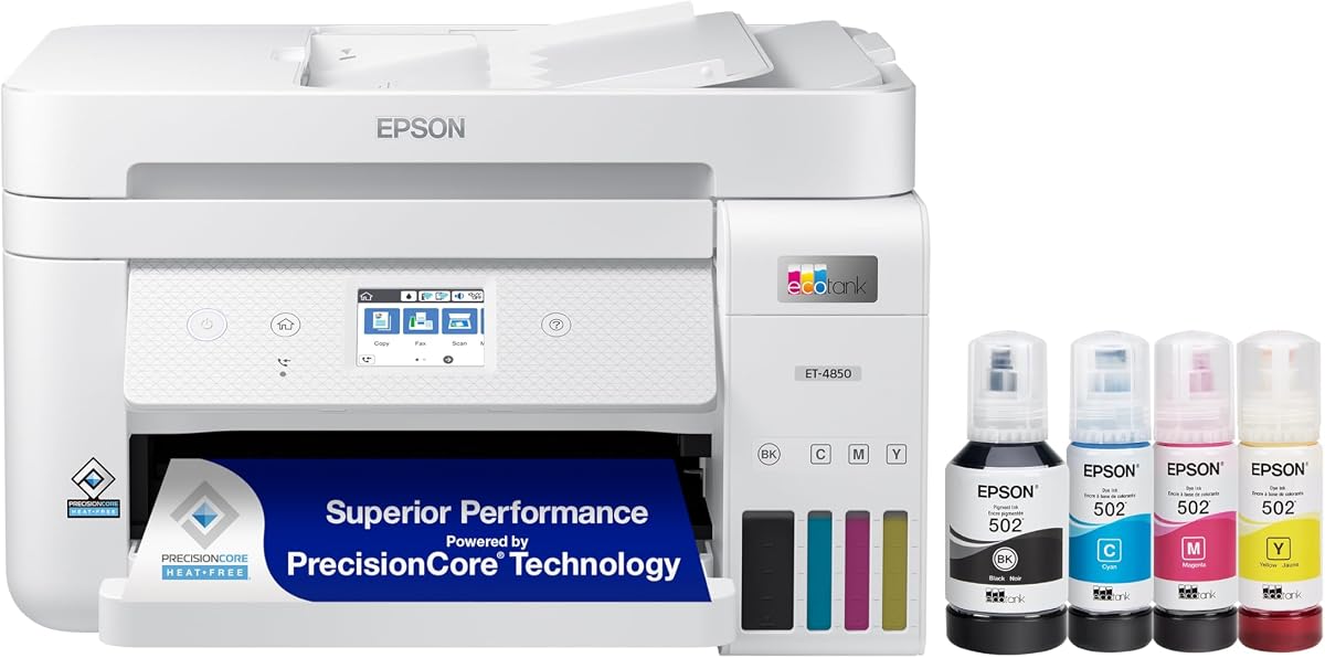 EcoTank ET-4850 Wireless Color All-in-One Supertank Printer - Black | Cartridge-free print, scan, copy, fax; up to 15.5 ppm, ADF, auto 2-sided; ideal for home and small offices