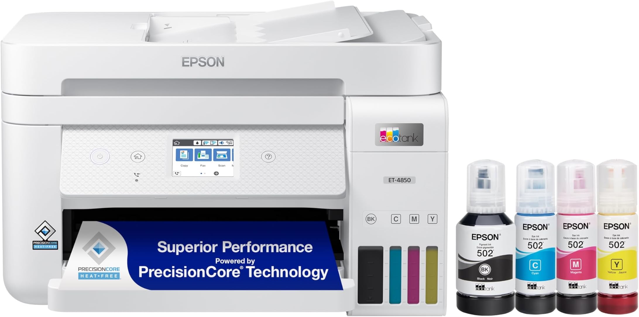 Epson EcoTank ET-4850 Wireless All-in-One Cartridge-Free Supertank with Scanner Copier, Fax, ADF and Ethernet, The Printer Office Printer - White