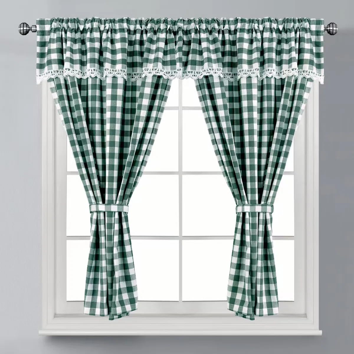 Householdfurnishing Green Embroidered Kitchen Window Pair Curtains Set Rod Pocket With Attached Valance & Tiebacks (, W 48 X L 36)