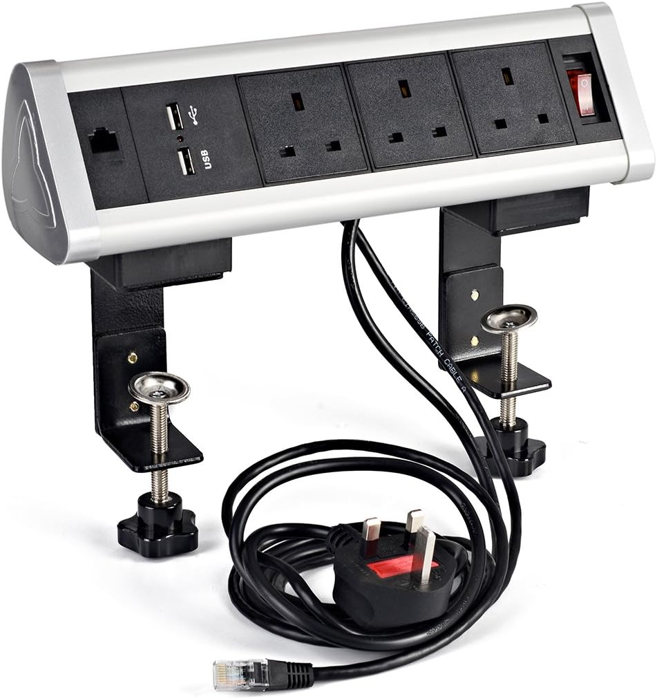 Removable Triangle Desktop Socket, gadgetpark Table Outlet with 3 UK Power, 2 USB Charger,1 RJ45 Port and 1 Power Switch for Hotel/Office/Home(Silver)