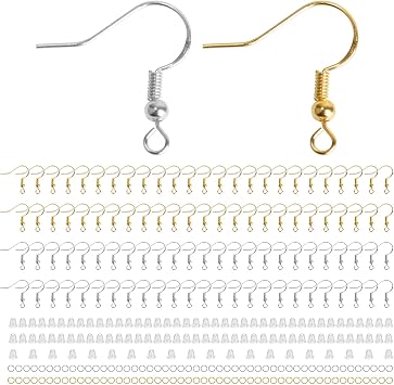 300PCS 925 Sterling Silver Earring Hooks, Gold Earring Hooks, Stainless Steel Ear Wires Fish Hook, Hypoallergenic Earring Making kit with Clear Silicone Backs Stoppers and Jump RingsGold and Silver