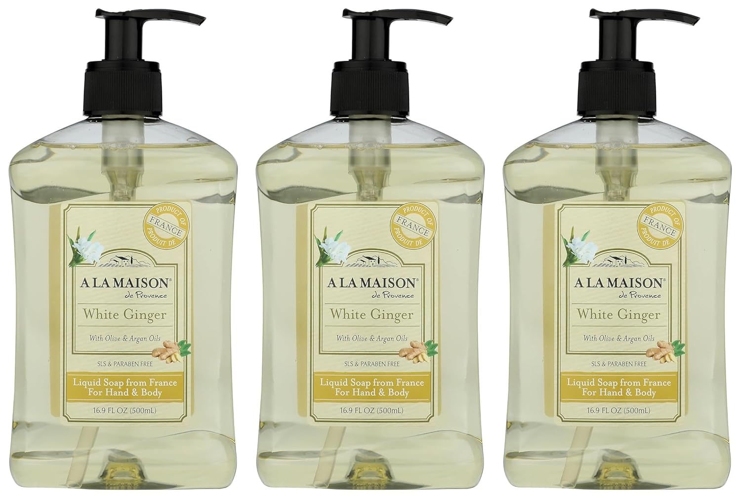 A LA MAISON White Ginger Natural Hand Wash Made with Essential Oils - Biodegradable, Plant-Based, Vegan, Cruelty-Free 16.9 Fl Oz, 3 Pack