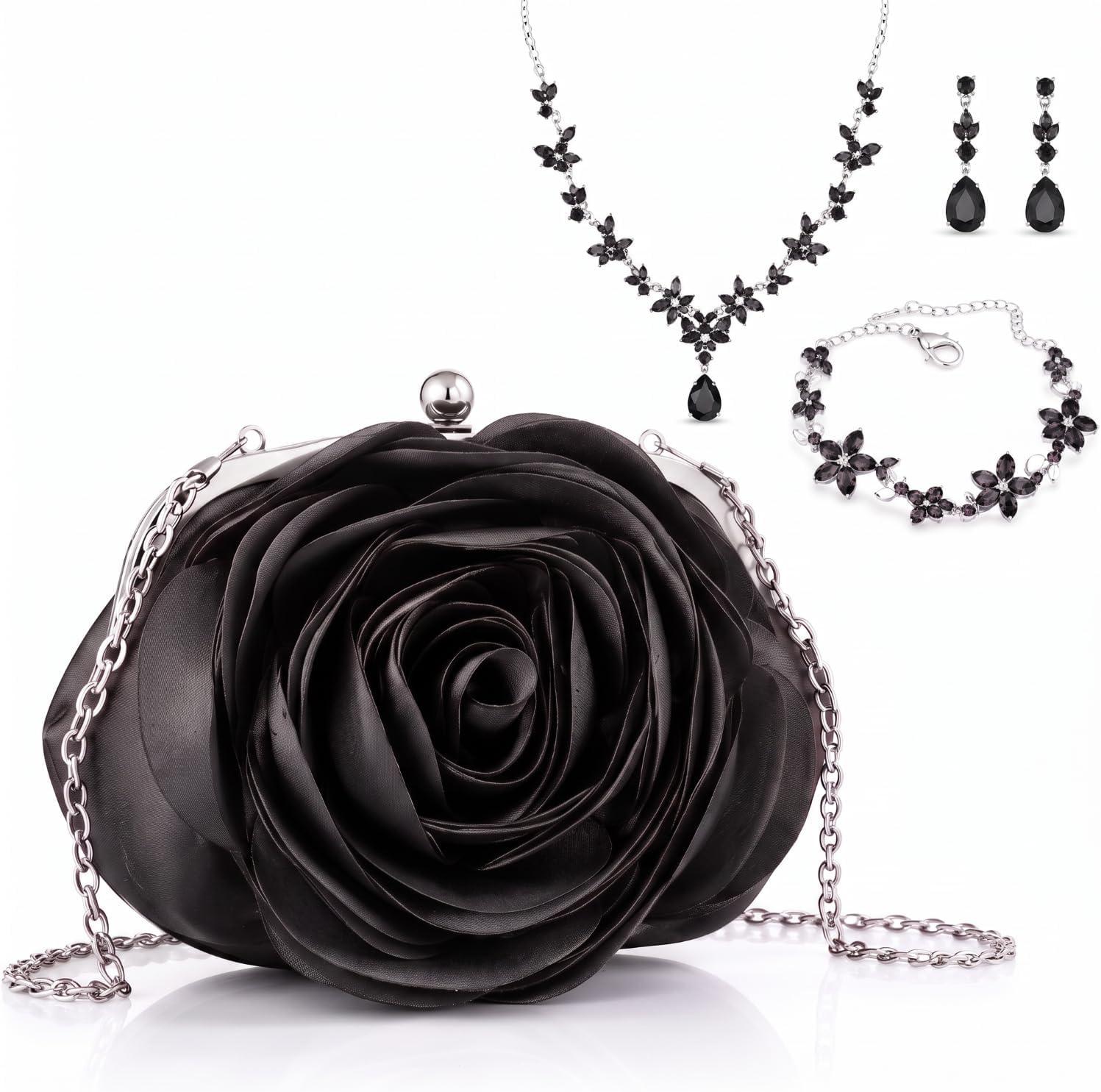 Liliaafar Valentine Floral Clutch Purse with Jewelry Set, Evening Clutch Bag with Rose Earring Necklace Bracelet for Woman Valentine's Day Gift, Wedding Party Purse