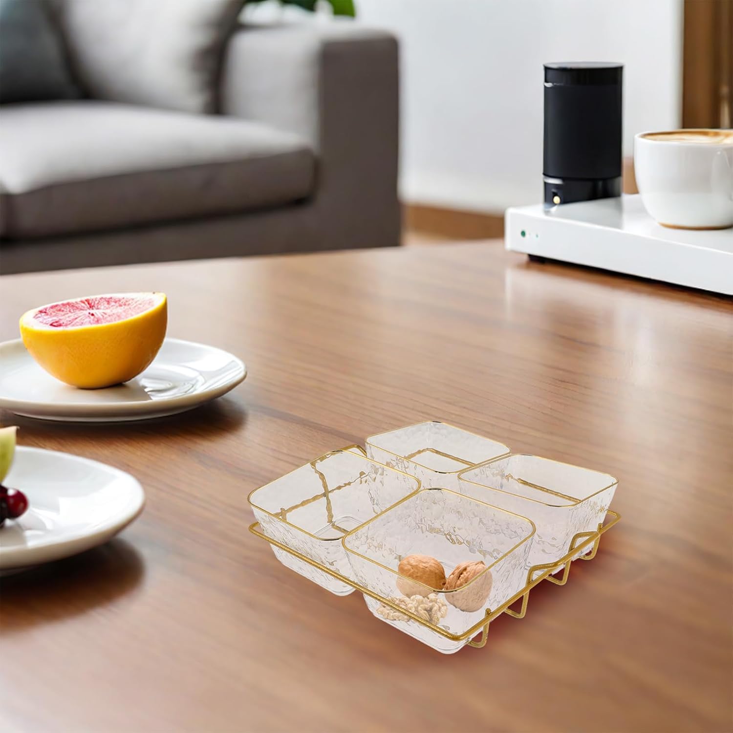 Outanaya Divided Snack Tray Organizer with Metal Rack and Removable Acrylic Bowls for Nuts, Candy, and Dip Bowls Versatile Food Display with Modern Fruit Theme Plate Design for Offices