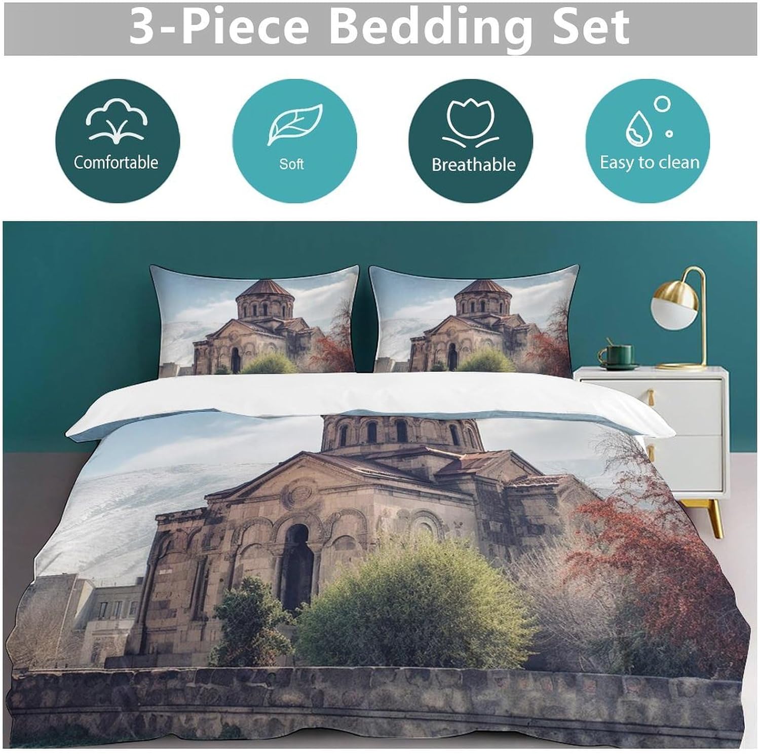 Soft Bedding 3 Piece Set Armenian Church Queen Duvet Cover Set 2 Pillowcase 1 Quilt Cover All Season Sleep Essentials
