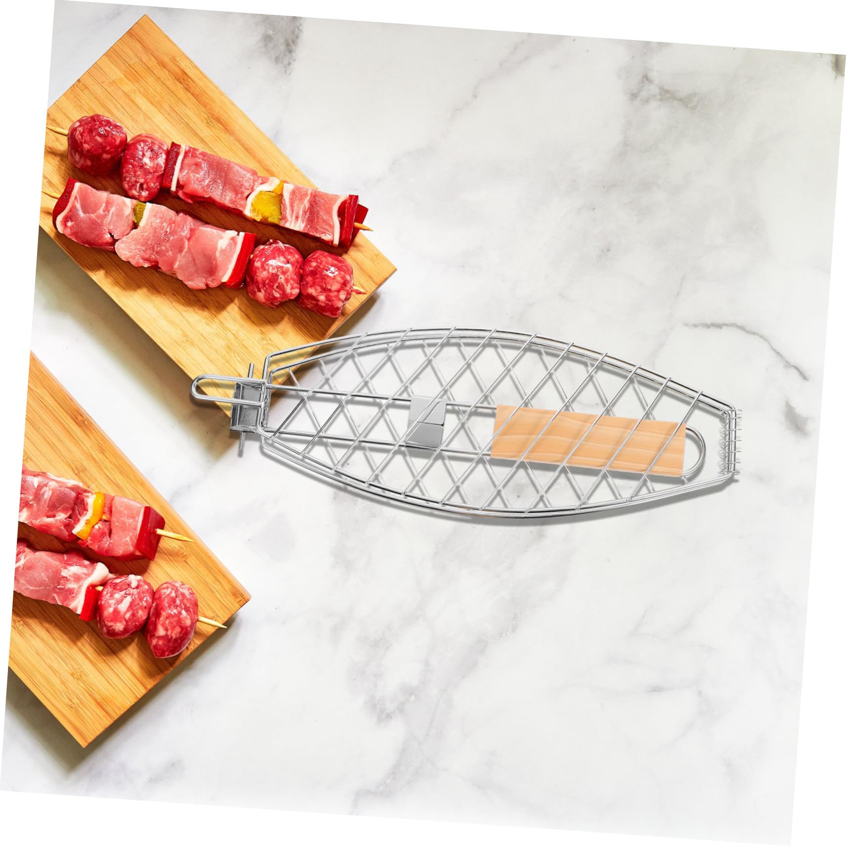 Juego de 2 cestas de pescado de acero inoxidable, gruesas, plegables, extraíbles, con mango ómico, accesorio versátil para parrilla de barbacoa para pescados y carnes