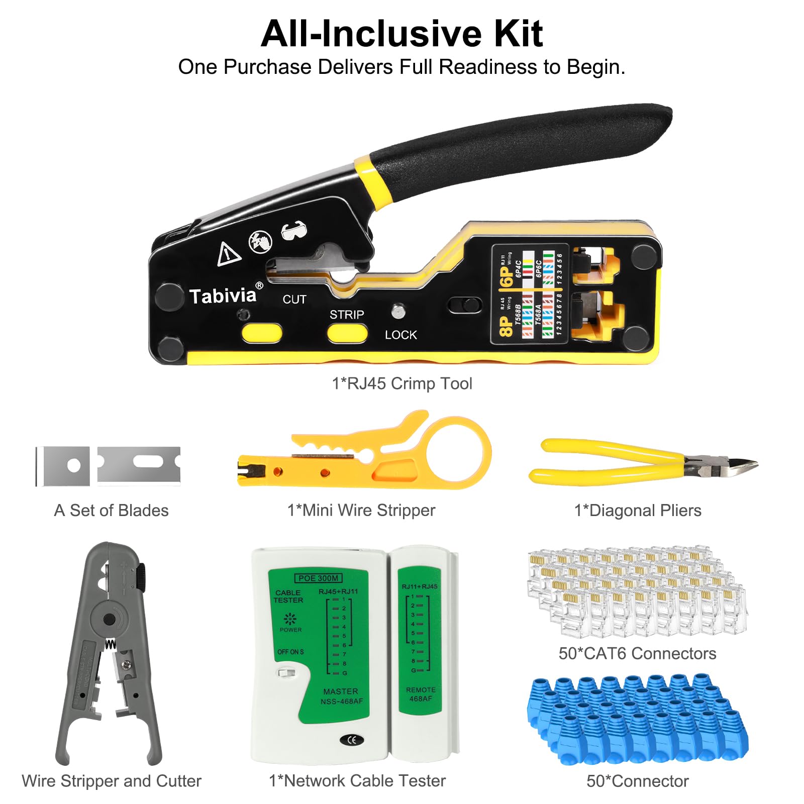 Herramienta de crimpado RJ45 para cables Ethernet Cat5, Cat5e, Cat6, kit de herramientas de crimpado Ethernet con probador de cables de red, 50 conectores Cat6 y botas para reparación de LAN