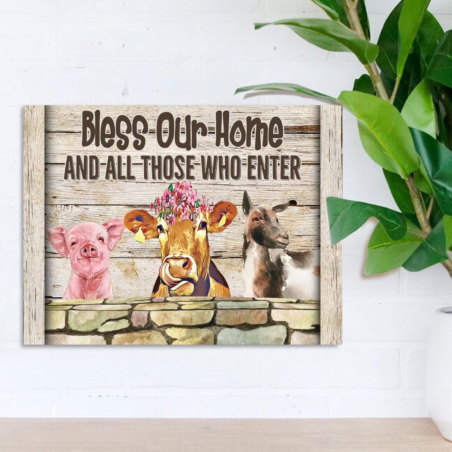 Wood Sign Farmhouse Animal Pig Cow Sheep Sign Bless Our Home and All Those Who Enter Wood Hanging Signs Chic Rustic Hanging Wood Plaque Wall Sign 24x18in Gift to Farm Animal Lover