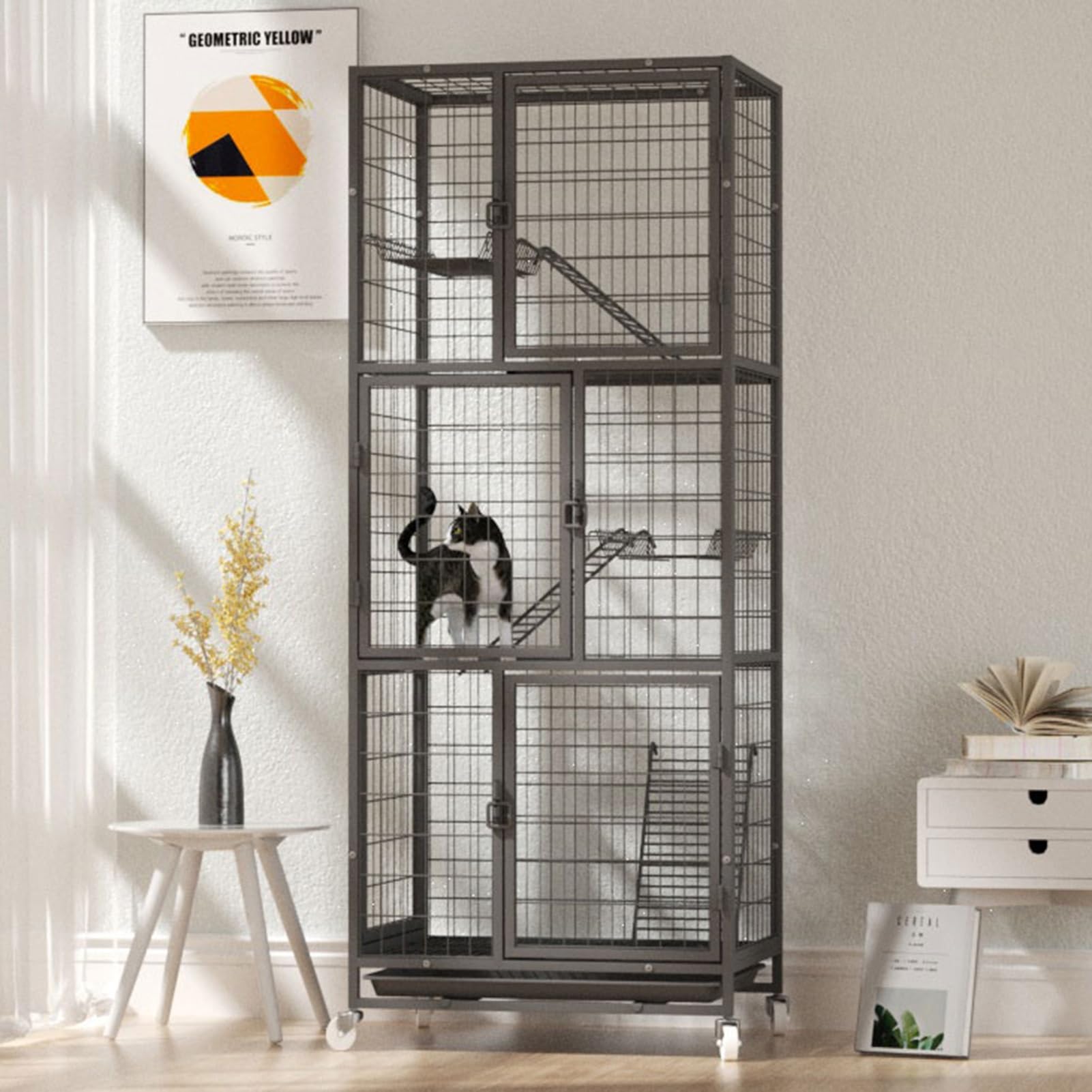 Recinto per Gatti Catio da Esterno, recinto per Gatti da Balcone con Piattaforme, Gabbia per Gatti da Interno/Esterno con Ampio Spazio e Ruote, Vassoio Estraibile, Cuccia per Gatti Chiusa mu