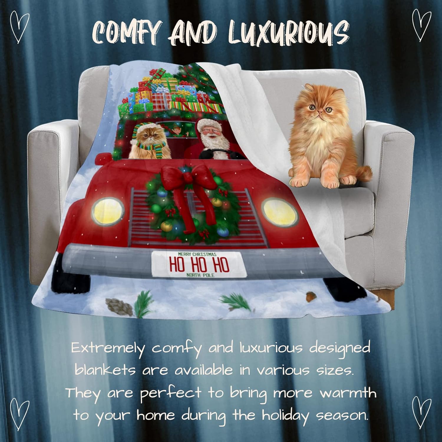 Doggie of the Day Persian Cat Blanket - Christmas Honk Honk Red Truck with Santa - Super Soft & Warm Pet Theme for Sofa or Bed, Warm Fleece, Sherpa or Woven Material BLNKT140968 (60x80 Fleece)