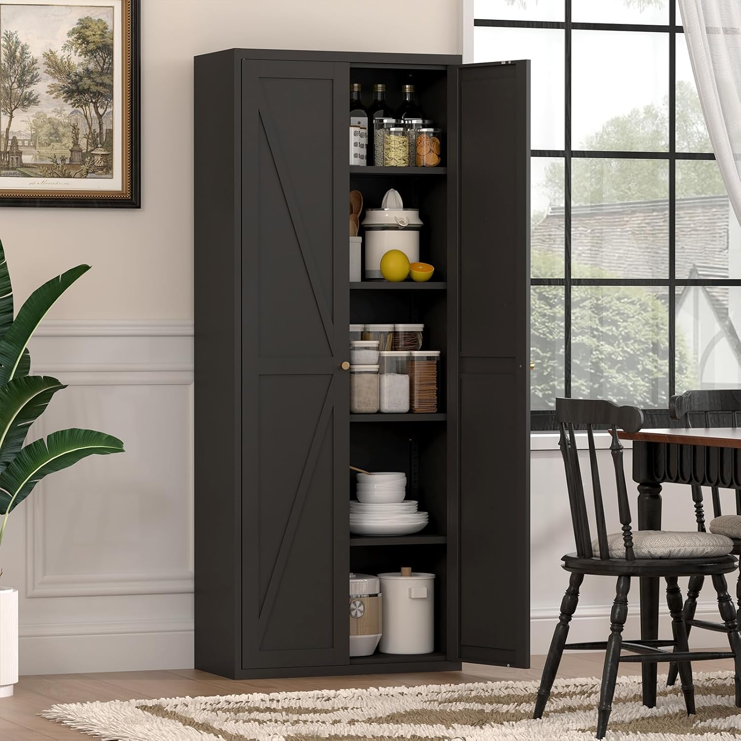 Storage Cabinet,Tall Cabinet with Doors and Shelves,Metal Pantry Cabinets for Kitchen Storage,Metal Pantry Storage Cabinet for Living Room,Dining,Black