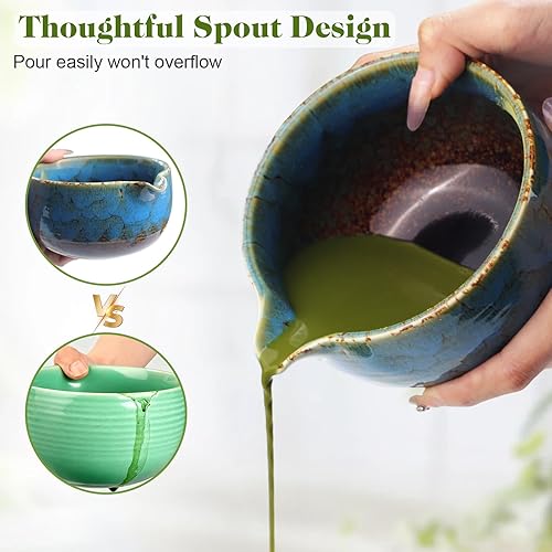 Miniatura 2 de HEYMKGO Juego de 8 batidores de matcha, cuenco de matcha azul zafiro con boquilla, batidor y soporte de bambú, cuchara, reposapunta, tamiz, cuchara