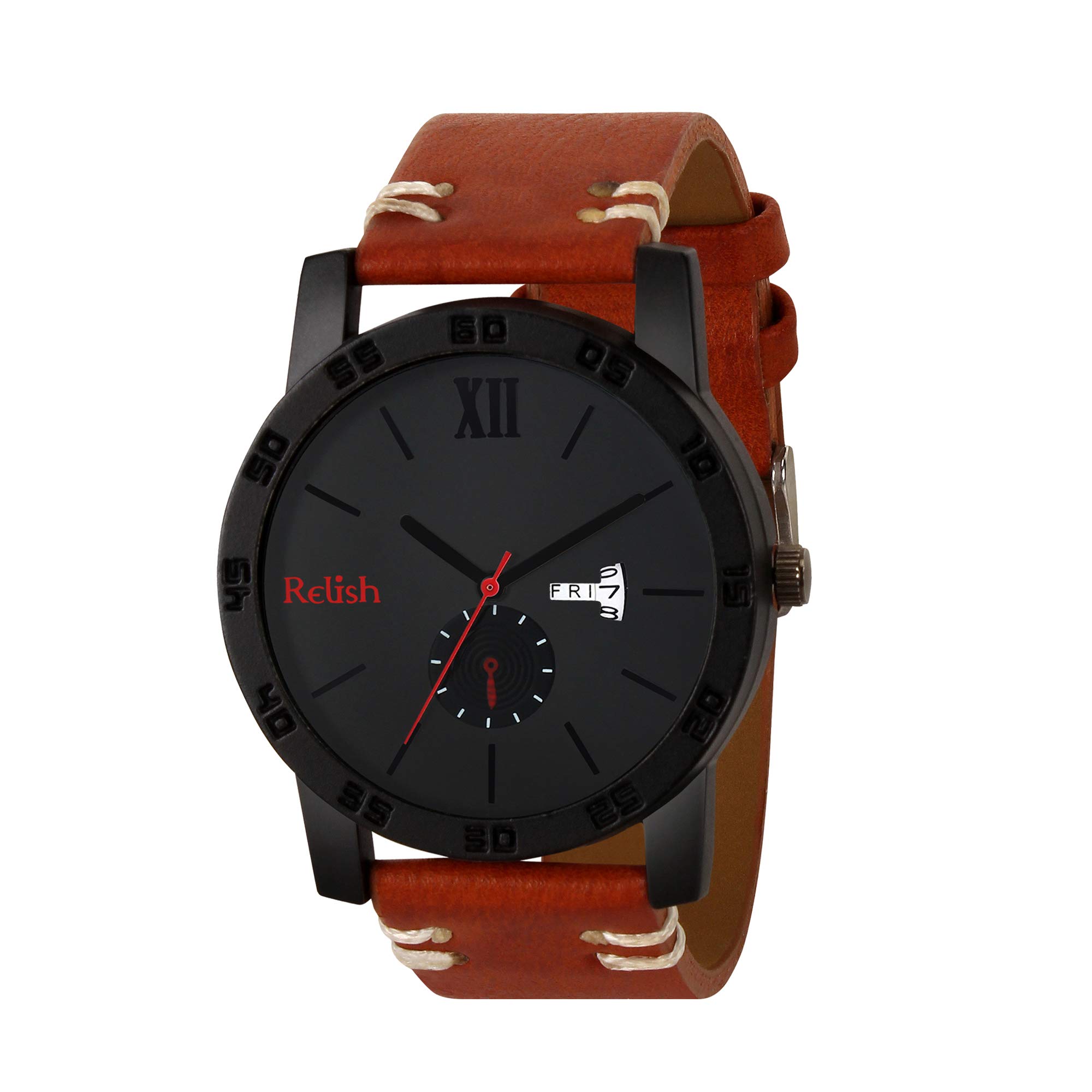Relish Mens Black Stainless Steel Case Analog Display Leather Strap Quartz Watch (Brown) (B08DJ59YNT) Amazon Price History, Amazon Price Tracker