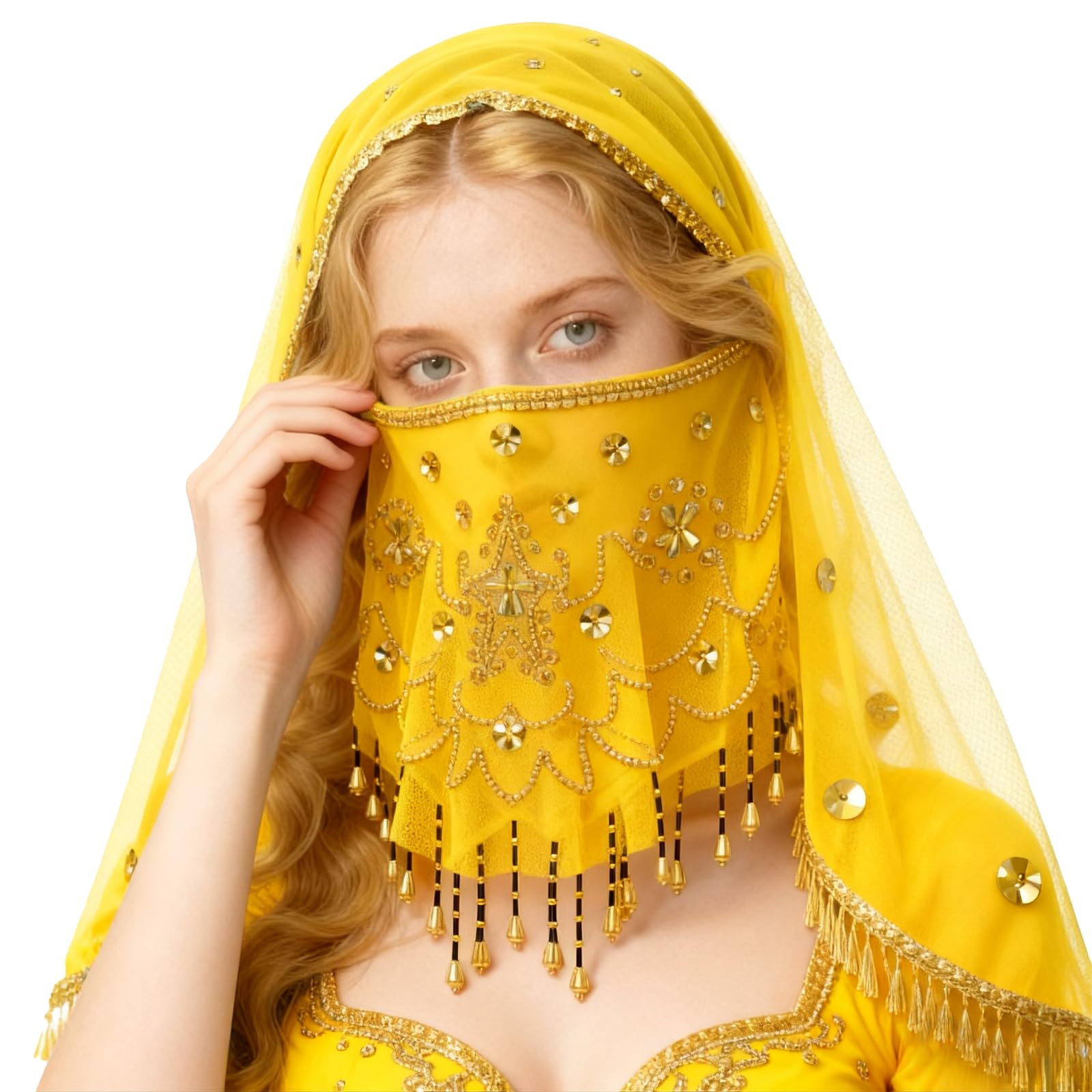 Baisdan Belly Dance Face Veil with Beads Sequins Cosplay Halloween Carnival Costume Accessory, Yellow - Image 5