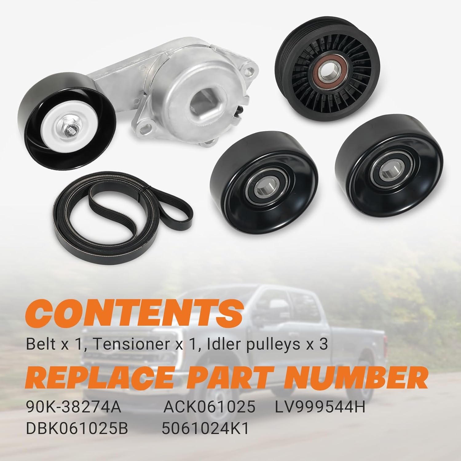 90K-38274A Drive Serpentine Belt Tensioner Idler Pulley Kit Fit for Ford F150 F250 F350 Explorer Lobo Expedition Lincoln, 5.4L 4.6L 2005-2014 Replace Part ACK061025, DBK061025B Complete Kit