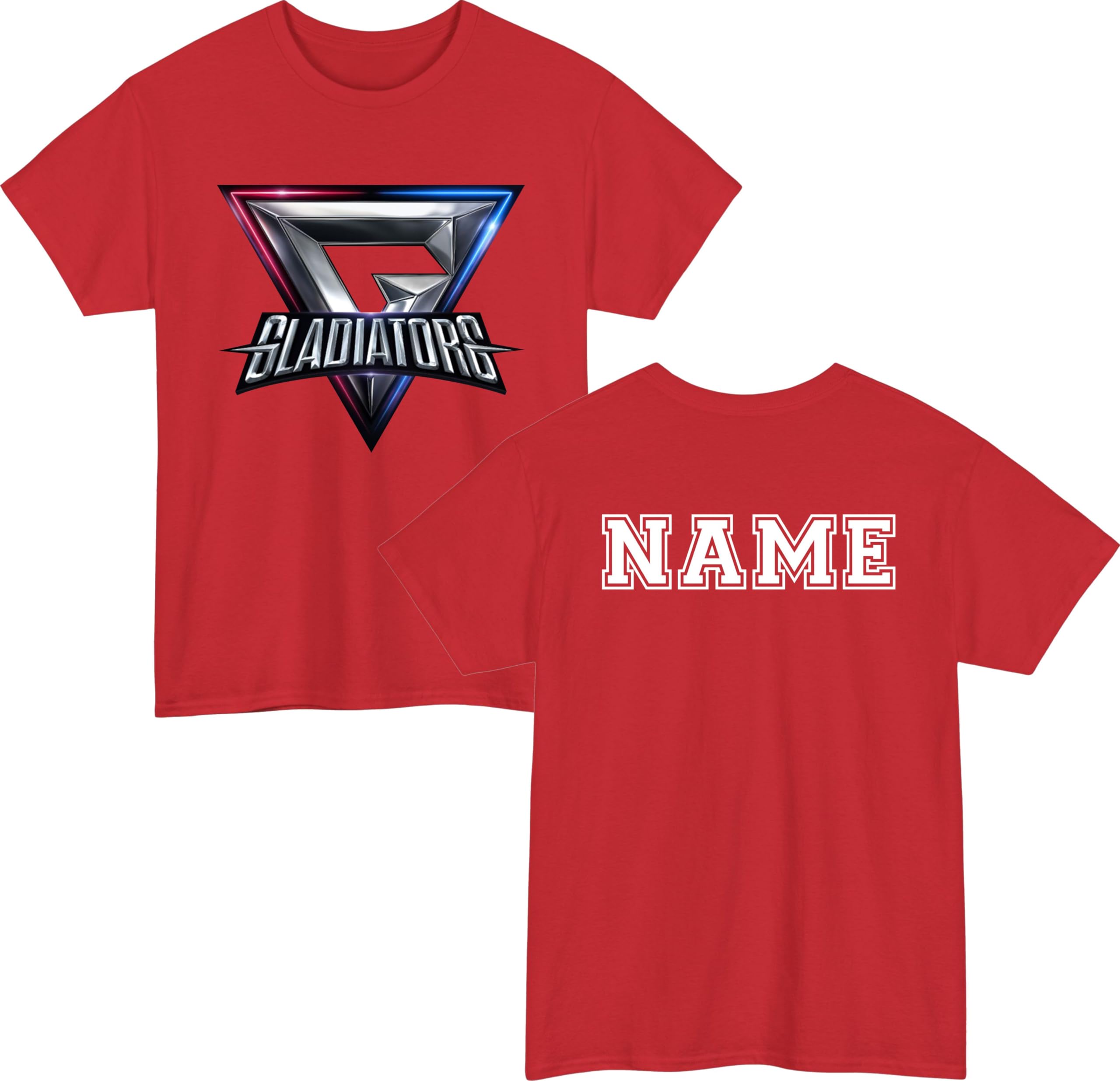 Personalised Gladiators Metallic T-Shirt - Custom Name Unisex Sports Top - Sports & Gaming Gift Tee Red