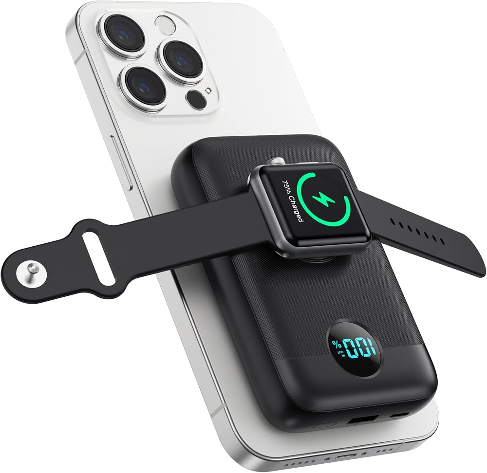 Magnetic Portable Charger 10800mAh,4-in-1 Wireless Power Bank with iWatch Charger & LCD Display, QC4.0+25W PD Fast Charging USB C Battery Pack for Magsafe,iPhone 17/16/15/14/13/12 Series,Apple Watch