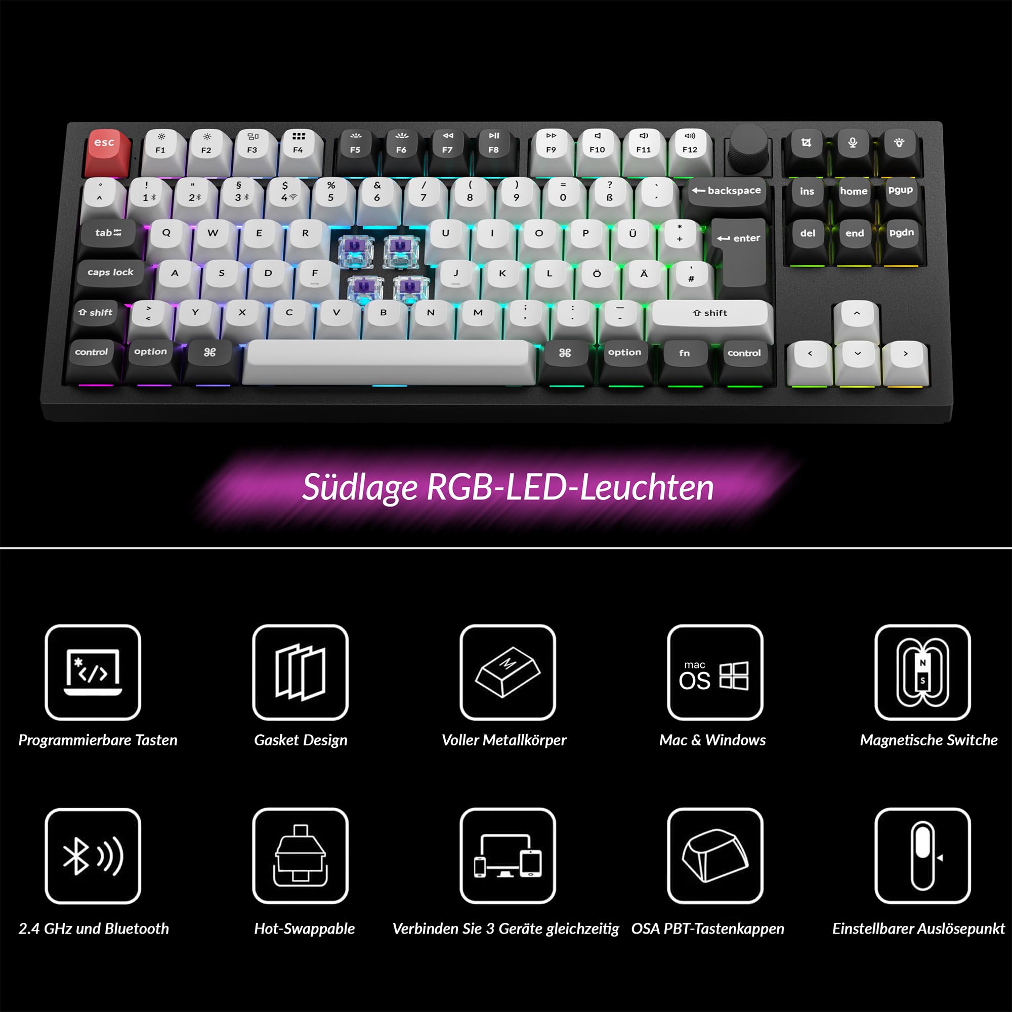 Keychron Q3 HE kabellose Custom-Tastatur, 80% TKL ISO-DE-Layout, Vollmetallgehäuse, 2,4 GHz, Rapid Trigger, programmierbar mit QMK/Launcher, Gateron Double-Rail-Magnetschalter, für Mac und Windows