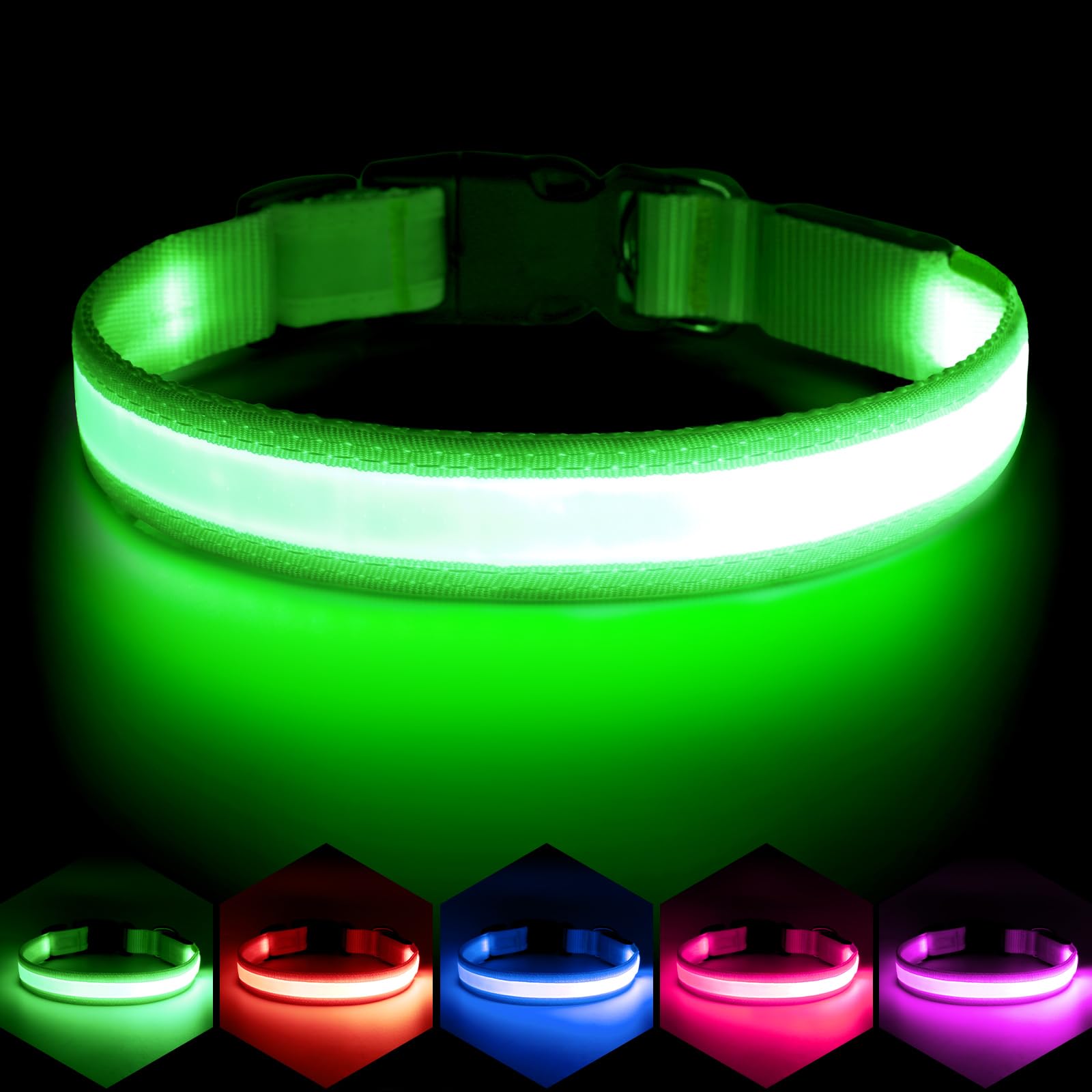 Vizpet LED Dog Collar, Light Up Dog Collar Adjustable USB Rechargeable Super Bright Safety Light Glowing Collars for Dog(Small,Green)