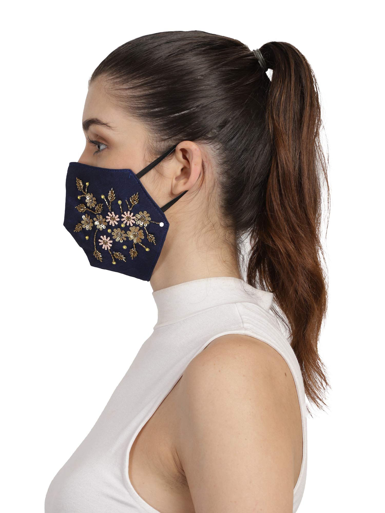 Anekaant 3-Ply Faux Silk Embellished Fabric Reusable Fashion Mask for Women (Navy Blue and Gold) 1