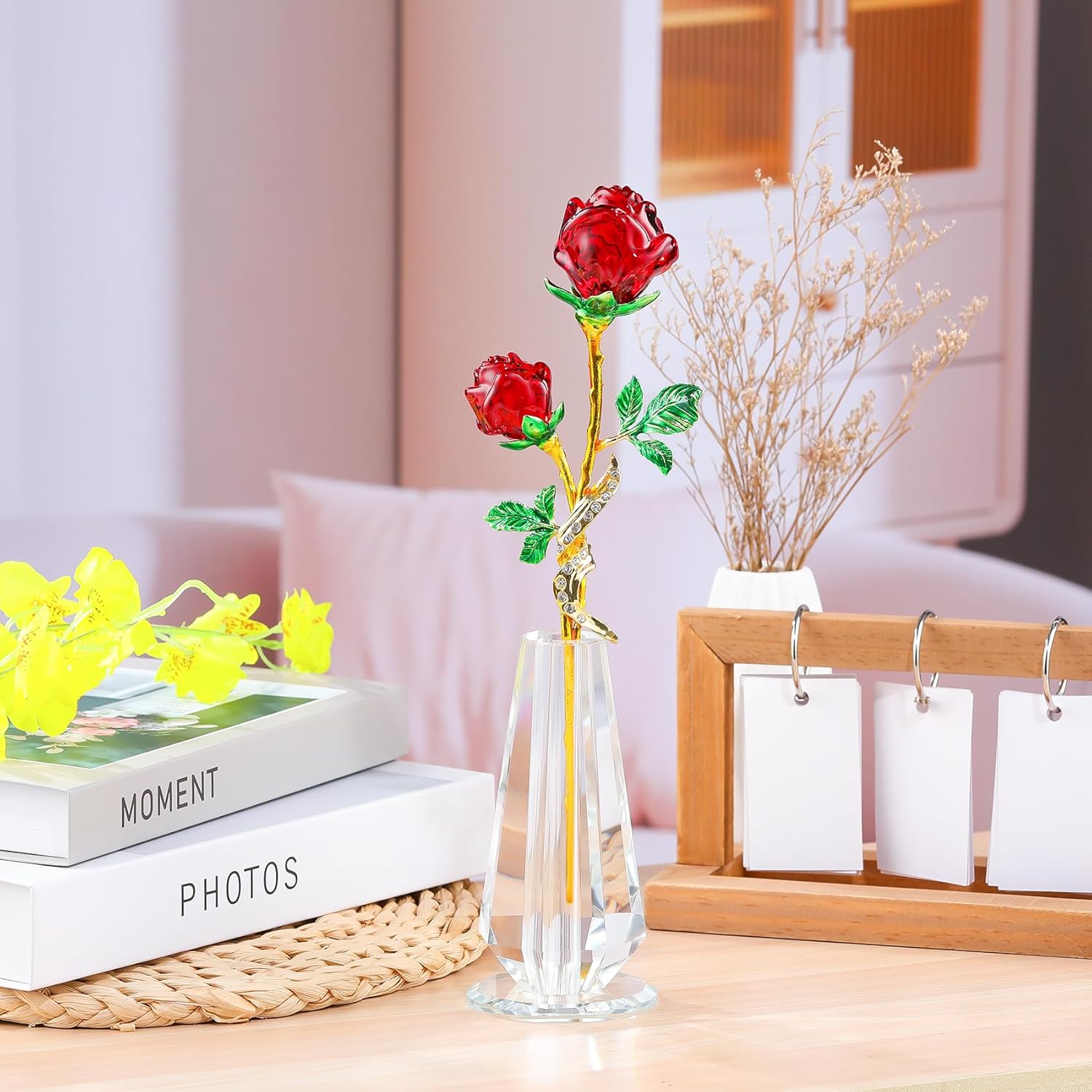 Red Rose Flower Crystal Figurine with Vase, Handmade Bouquet Glass Flowers Ornament Rose Gifts for Wife Girlfriend Women, Crystal Flower Home Table Decor for Valentine Anniversary - Image 6