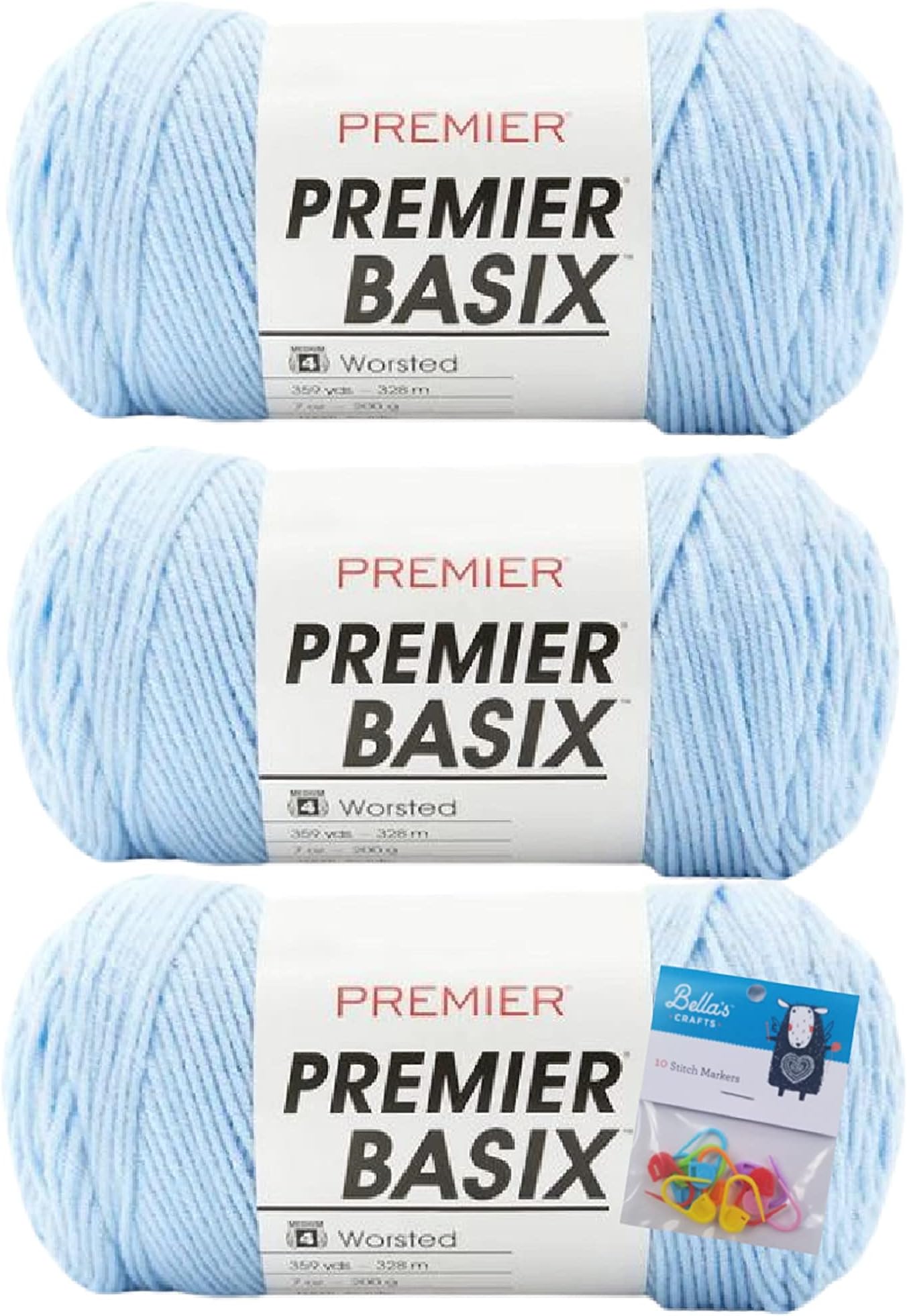 Premier Yarns Basix Worsted Yarn - 7 Oz - #4 Medium Weight - 3 Pack Bundle with Bella's Crafts Stitch Markers (Light Blue)