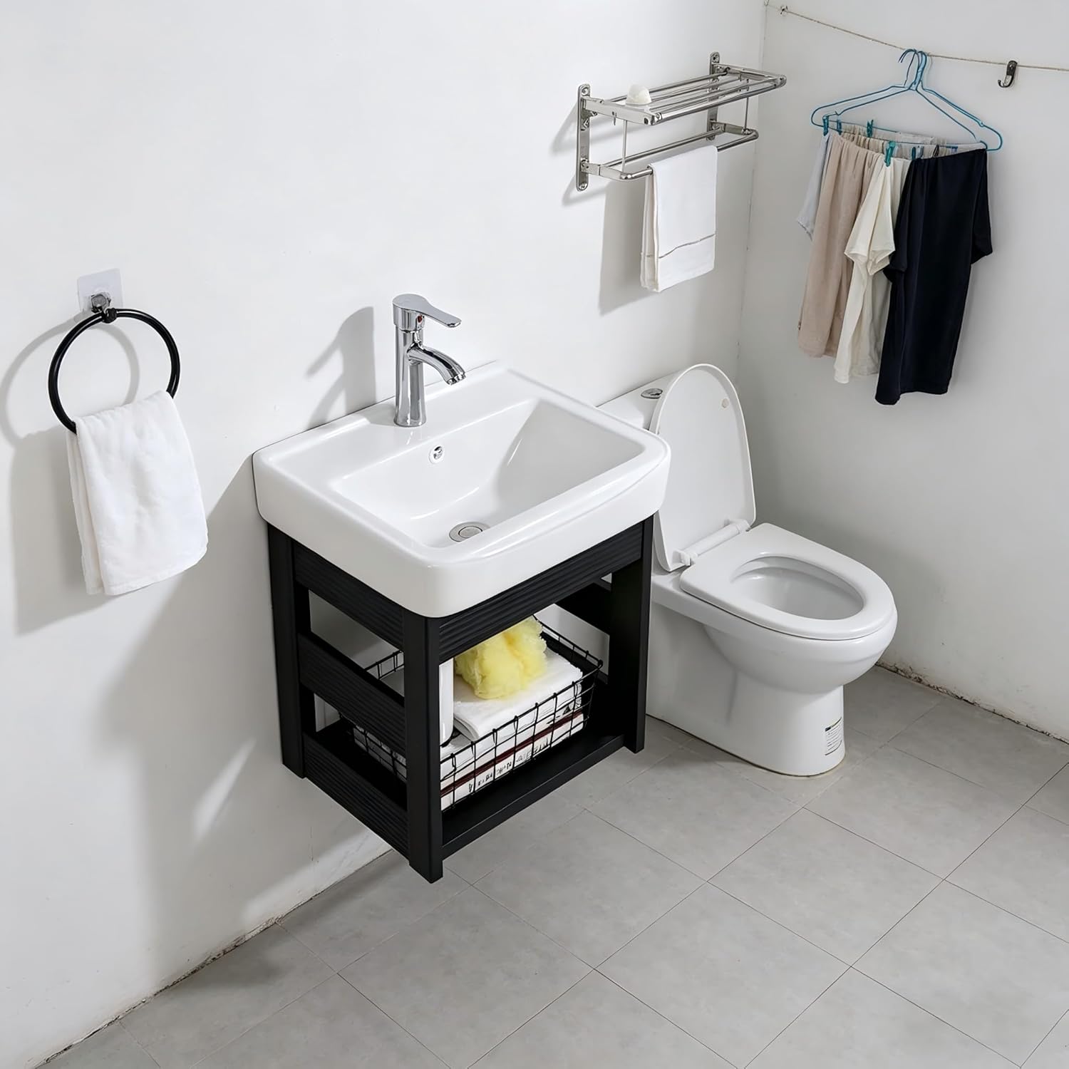 16.9" Wall Mounted Bathroom Sink Combo, Small White Ceramic Vessel Sink with Black Frame, Floating Vanity Sink with Chrome Faucet & Open Storage Shelf, for Cloakroom, RV, Laundry Room