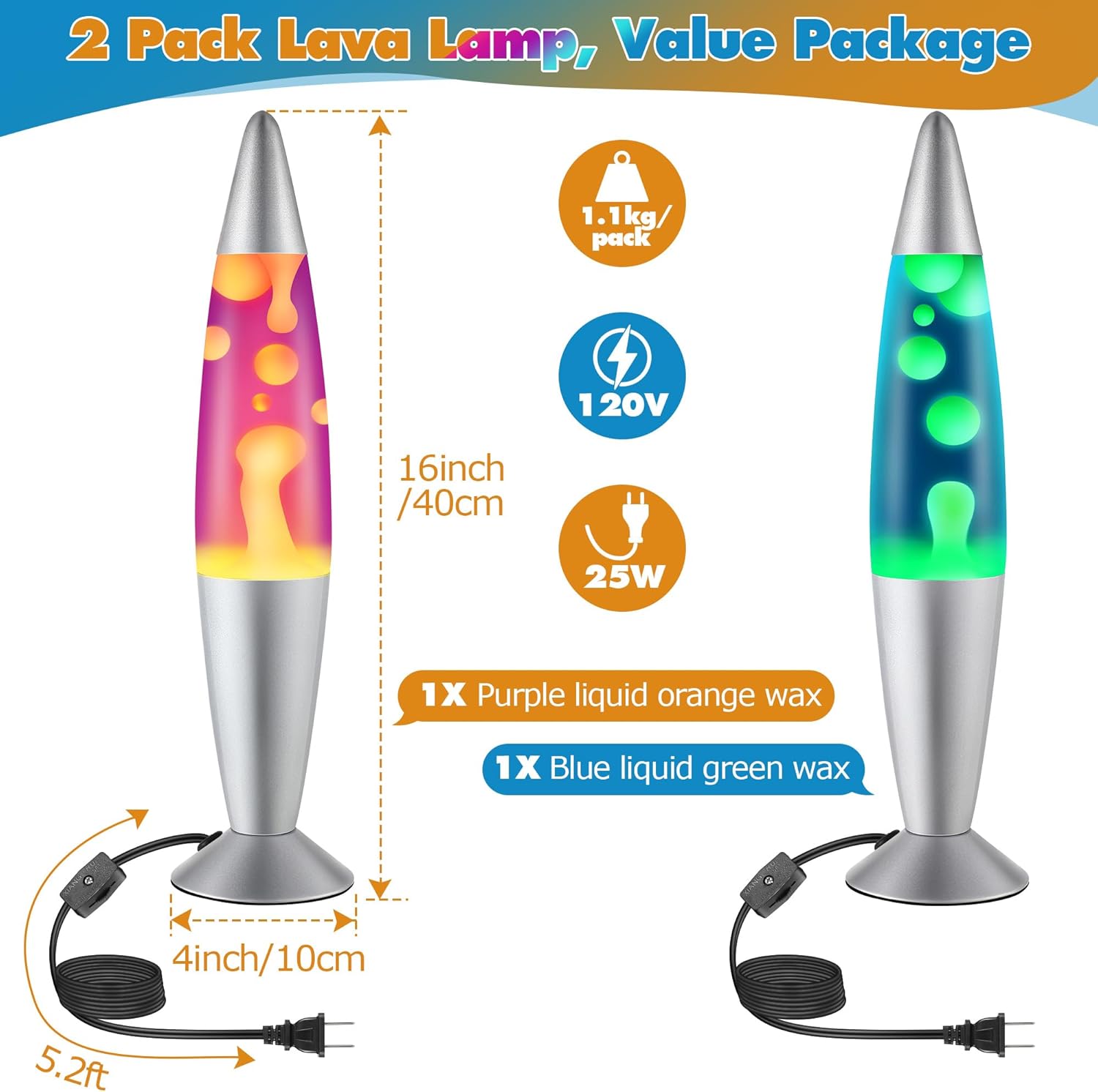 Enhon 2 Pack 16 Inch Beautiful Magma Lamp Green Wax Blue Liquid and Orange Wax Purple Liquid Volcanic Motion Lamps for Bedroom Office Holiday Decorations, Relaxing Meditation Night Light