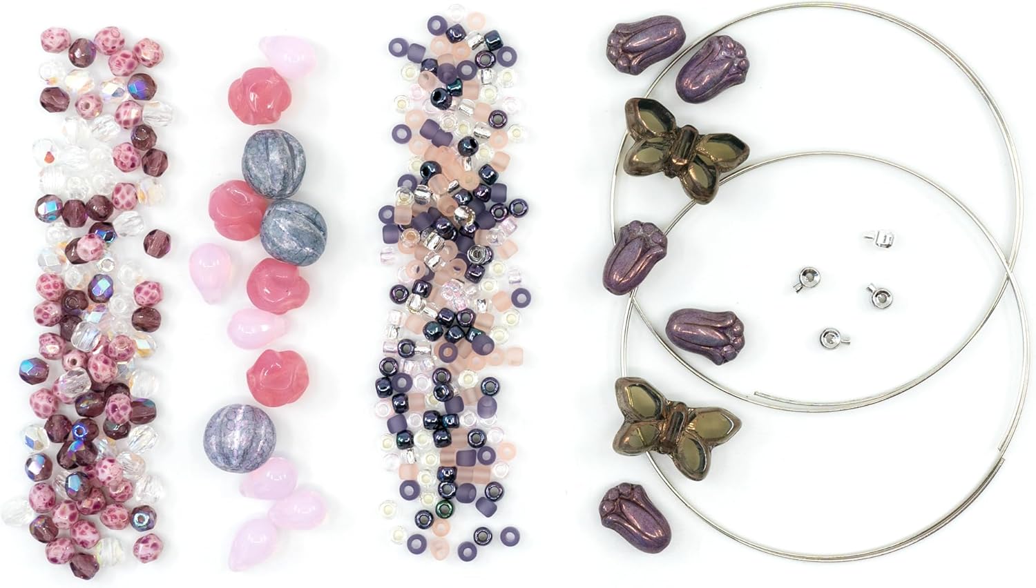 Bracelet Making kit with Czech Glass Beads & TOHO Japanese Rocailles, 2pc Memory Wire and crimps for begginers - Easy & Fast to do (Butterflies Purple Pink)
