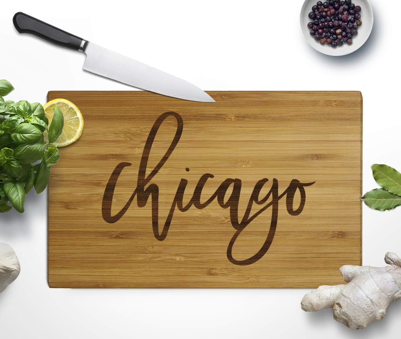 Andaz Press Chicago Bamboo Wood Cutting Board, 9.5 x 6-inch, Calligraphy, 1-Pack, Small Engraved Serving Chopping Board Christmas Birthday Moving Away College Graduation Chef Kitchen Ideas