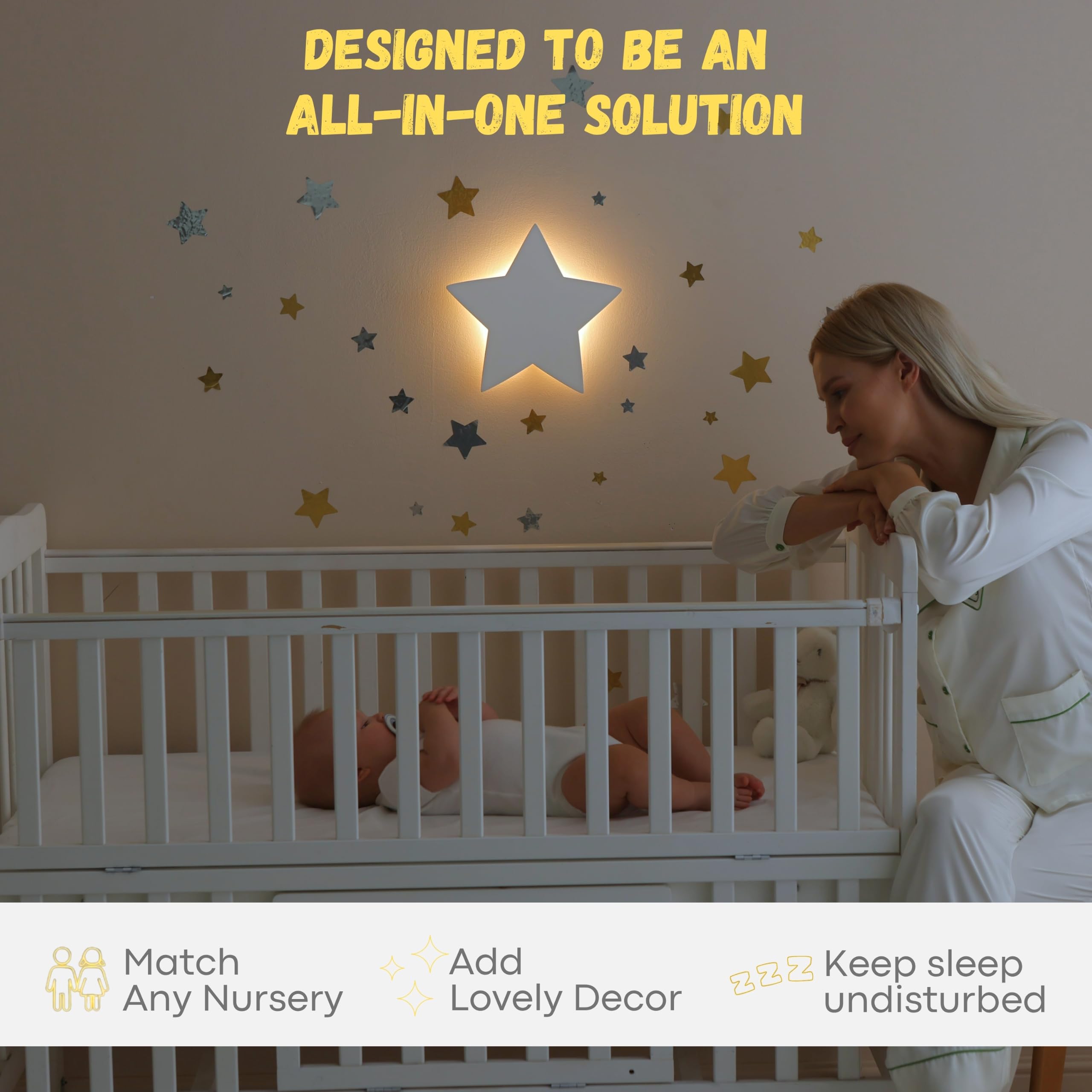 KALEOLI Lámpara de pared de estrella para guardería, luz nocturna suave para recién nacidos y niños pequeños, recargable y regulable (calcomanías de luna y estrella incluidas)