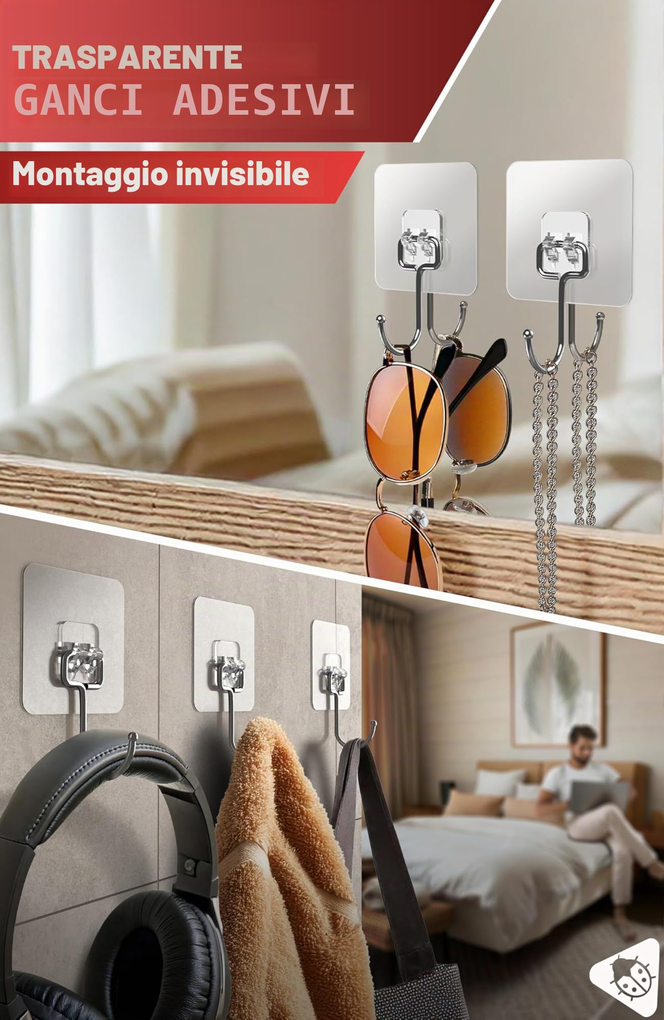 Menz Ganci adesivi extra forti – Set di 10 ganci autoadesivi trasparenti con portata di 15 kg ciascuno, ganci girevoli a 180°, supporti adesivi per cucina, bagno, decorazione
