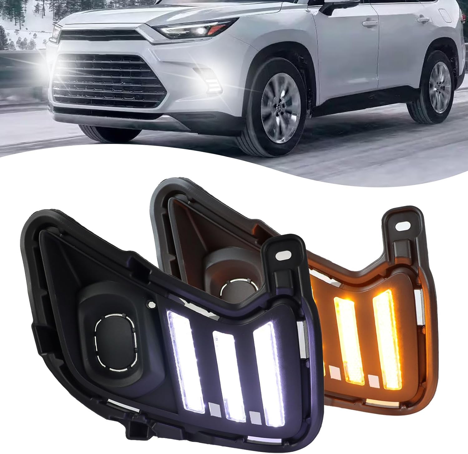 LED Front Bumper Fog light DRL Amber Sequential Turn Signal Lamp Feature Kit for Toyota Grand Highlander 2023 2024 Replacement Front Bumper Trim Accessories