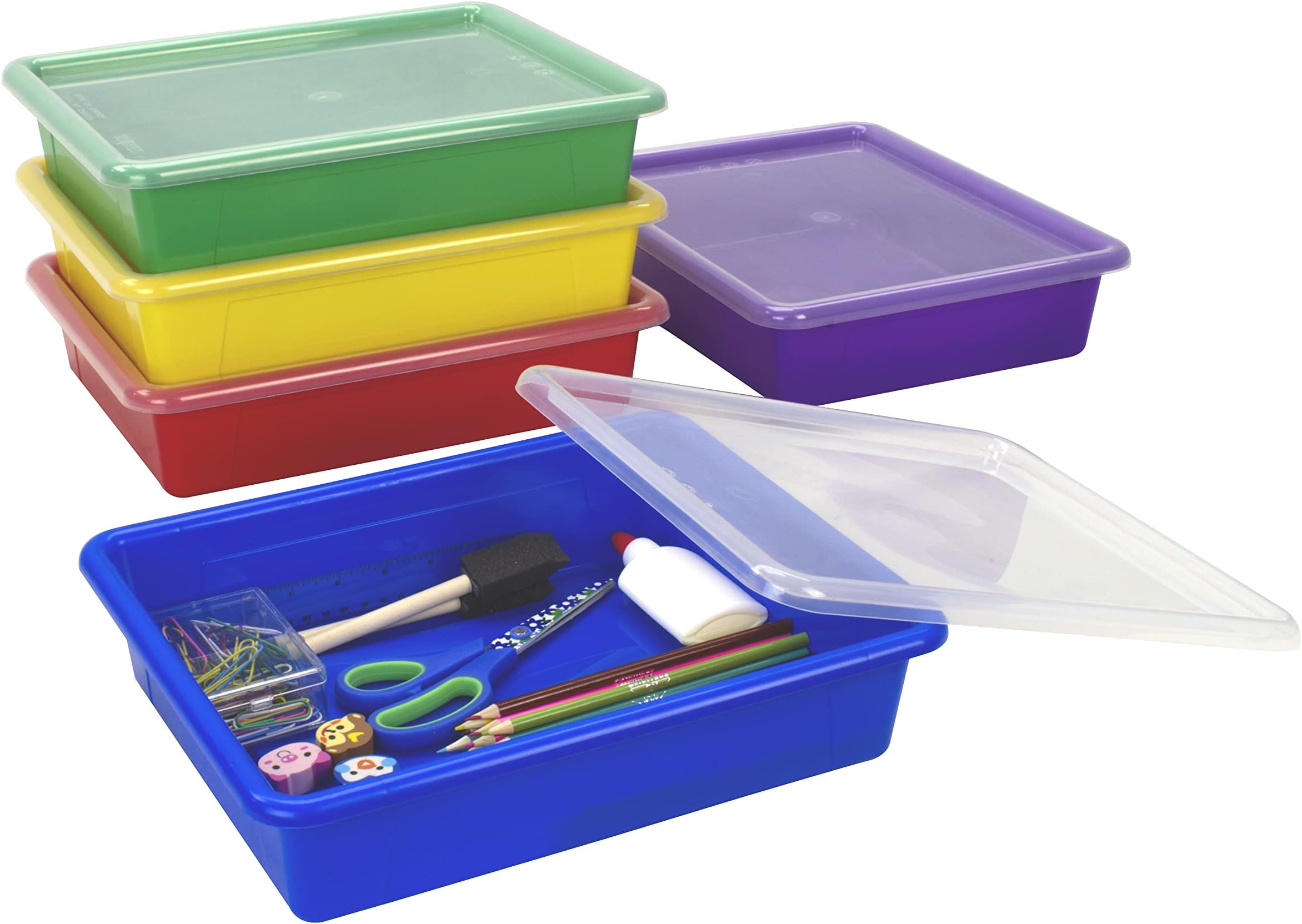 Letter Size Flat Storage Tray – Organizer Bin with Non-Snap Lid for Classroom, Office and Home, Assorted Colors, Pack of 5 (62534U05C)