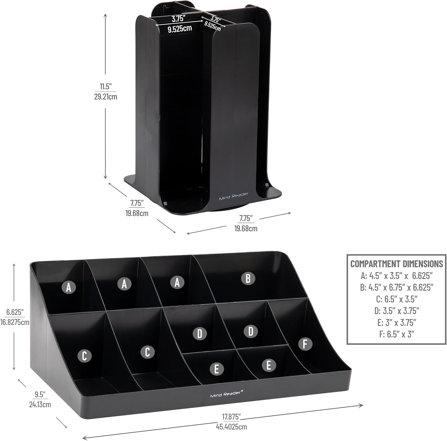 Mind Reader Cup Carousel and Condiment Organizer Set, Countertop Org, Coffee Bar, 7.75"L x 7.75"W x 11.5"H, 2 Pcs., Black