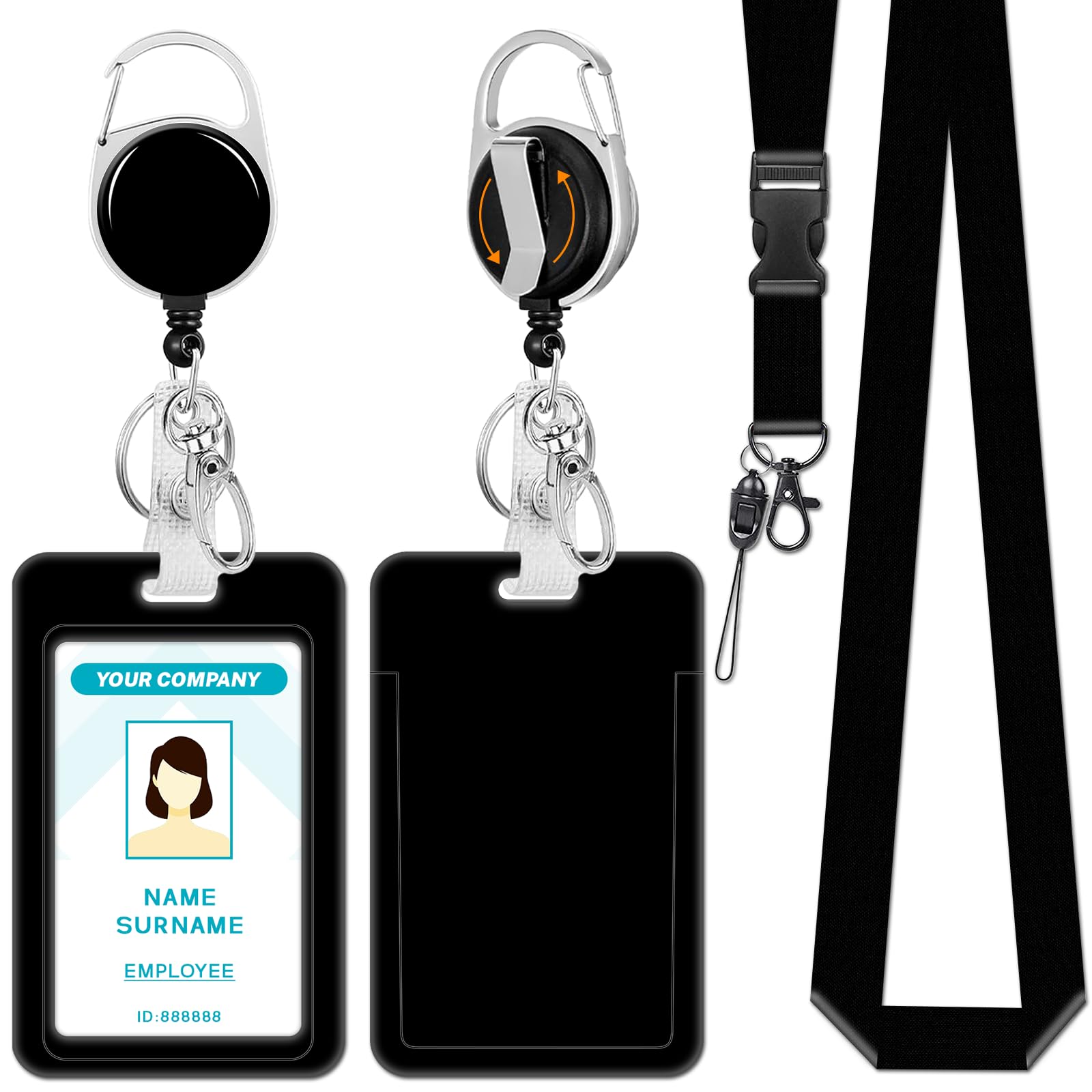 Hancynir Black Lanyards for ID Badges, Retractable Badge Holder Reel Clip