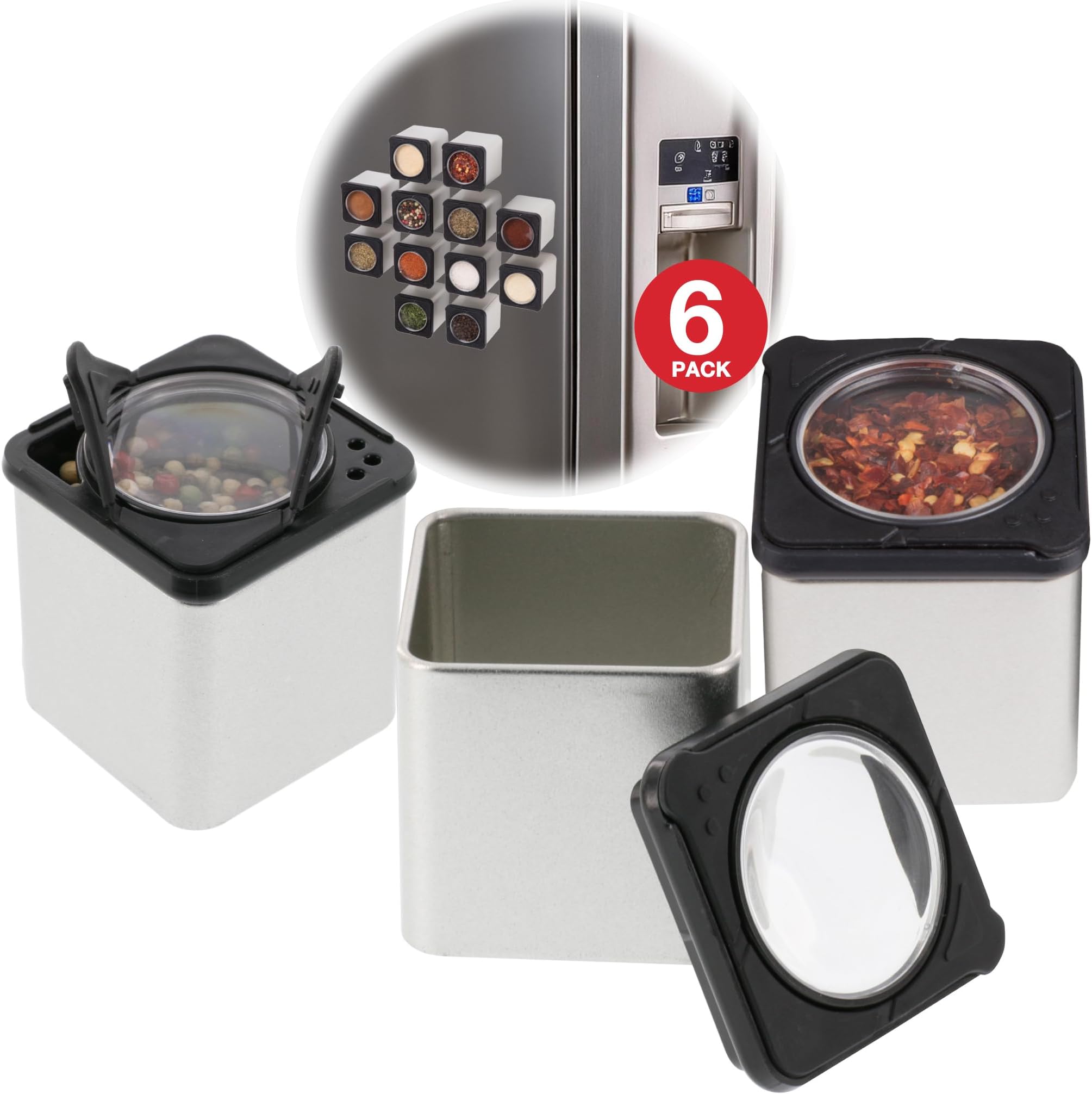 Set of 6 Magnetic Spice Jars, Shake or Pour Containers Attach to Most Refrigerator Doors & Appliances, Seasoning Dispensers- Easy Open Window Top Shakers- Salt Pepper Organizers, Space Saving Baking