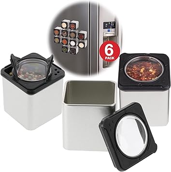 Set of 6 Magnetic Spice Jars, Shake or Pour Containers Attach to Most Refrigerator Doors & Appliances, Seasoning Dispensers- Easy Open Window Top Shakers- Salt Pepper Organizers, Space Saving Baking