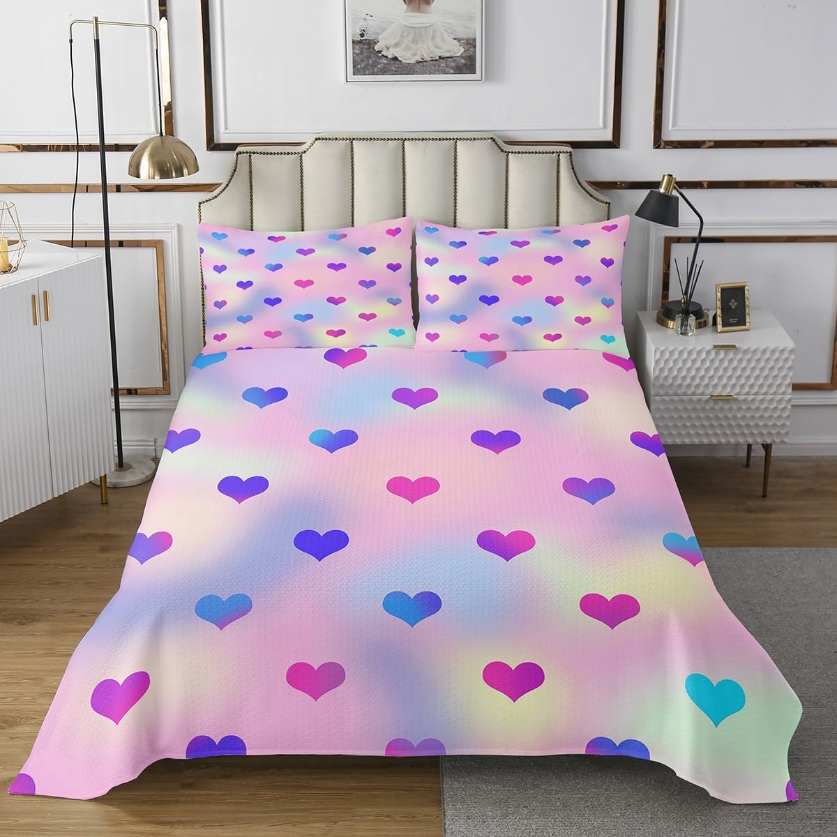 Erosebridal Colorful Gradient Queen Quilt Set for Girls Women, Pastel Rainbow Bedspread Set for Kids, Iridescent Love Heart Printed Coverlet Set All-Season, Romantic Bedroom Decor