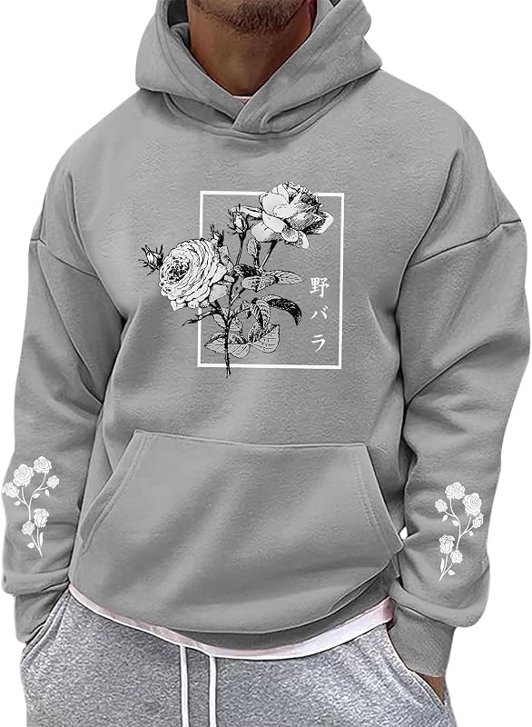 Sulayesh Rose Floral Graphic Hoodie for Men Aesthetic Japanese Hoodies Oversized Trendy Streetwear Pullover Sweatshirt (Gray,2XL) image 2