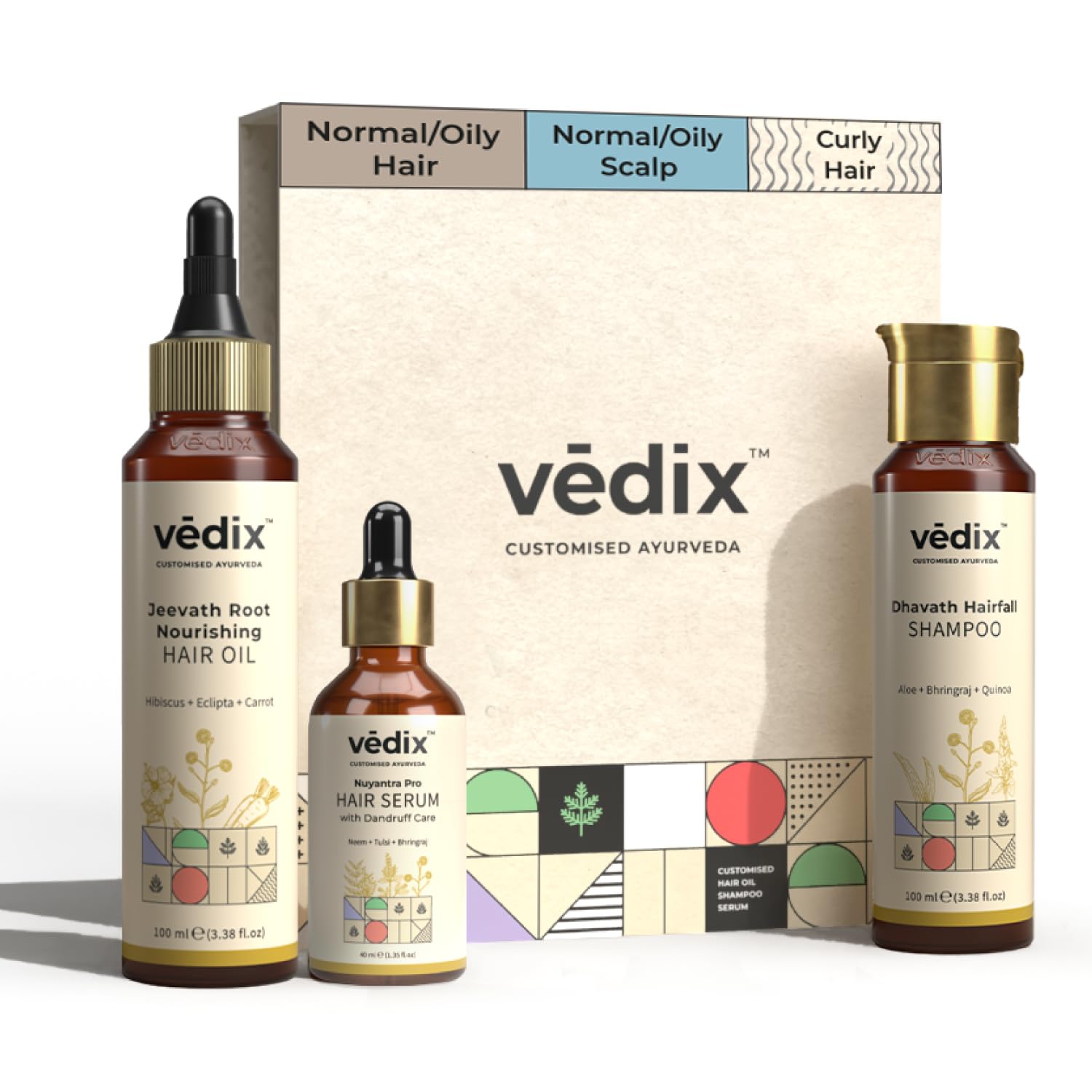 Vedix Customized Hair Fall & Dandruff Control Regimen For Normal/Oily Hair - Anti Hair Fall Oil Hibiscus + Eclipta - Anti-Hairfall Shampoo - Nuyantra Pro Hair Growth Serum X Dandruff Care