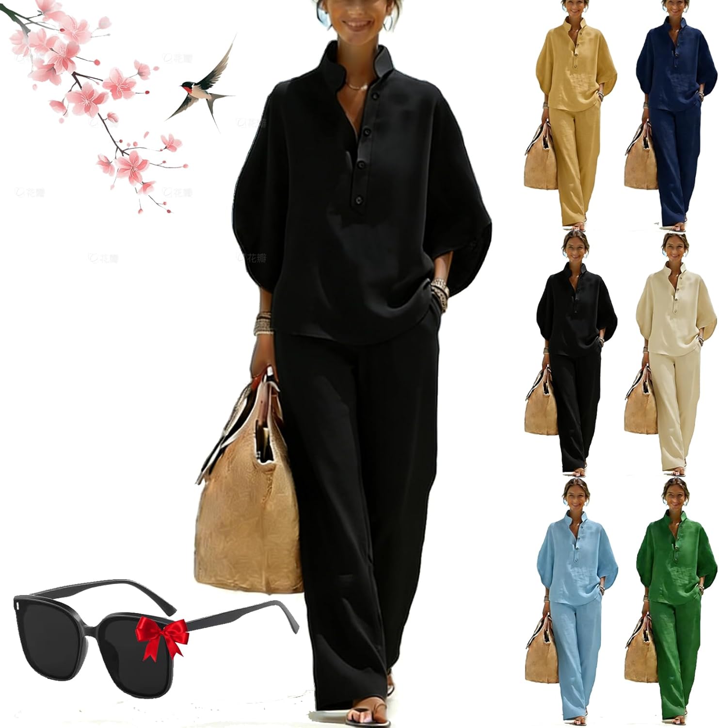 Women’s Batwing Sleeve Linen Cotton Two-Piece Set – Casual Shirt & Wide Leg Pants Outfit, Women's Shirt Suit